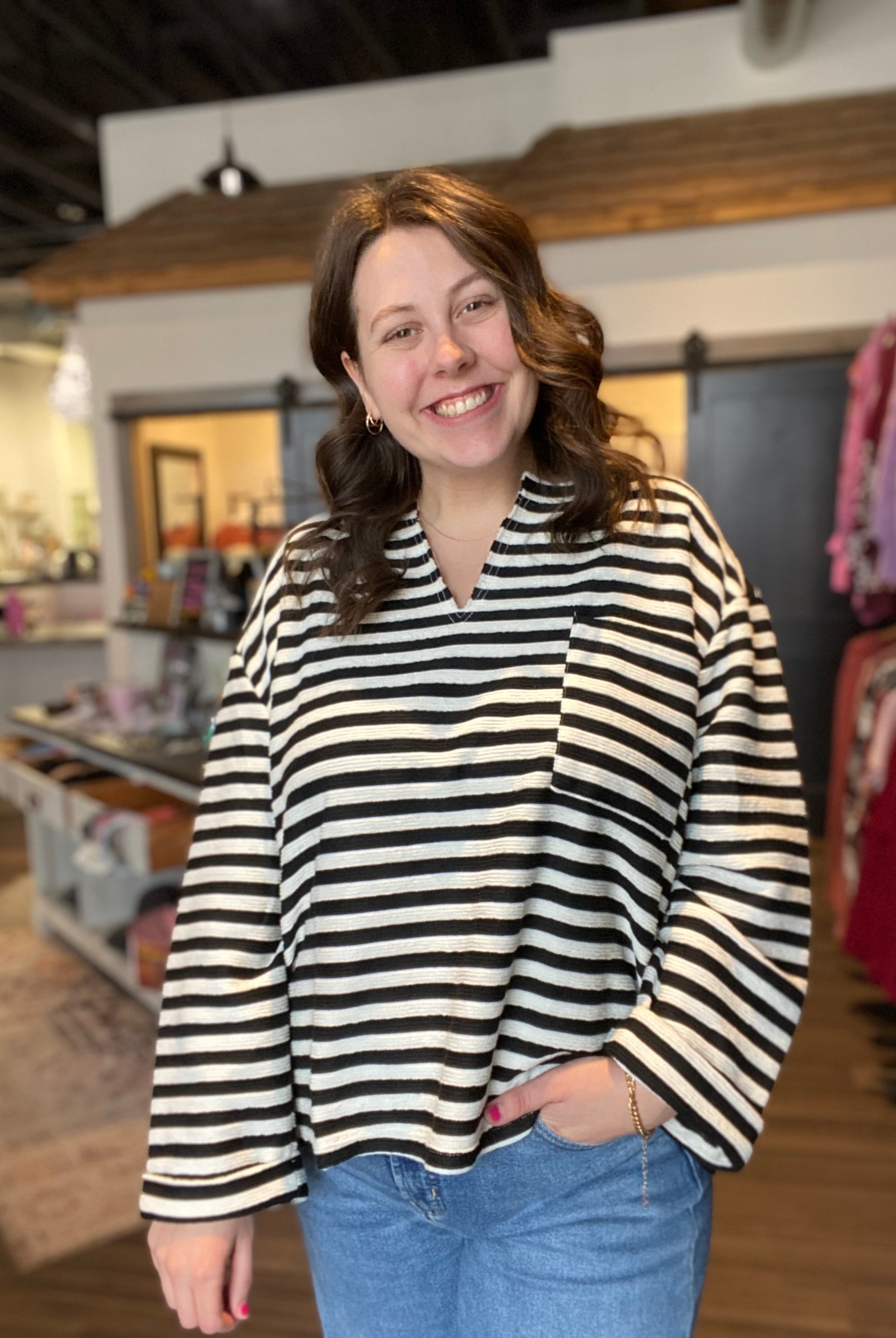 Payton Striped Split Neck Top-The Funky Zebra Ames-The Funky Zebra Ames, Women's Fashion Boutique in Ames, Iowa