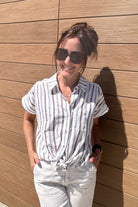 Amanda Striped Button Down-Short Sleeves-Hem & Thread-The Funky Zebra Ames, Women's Fashion Boutique in Ames, Iowa