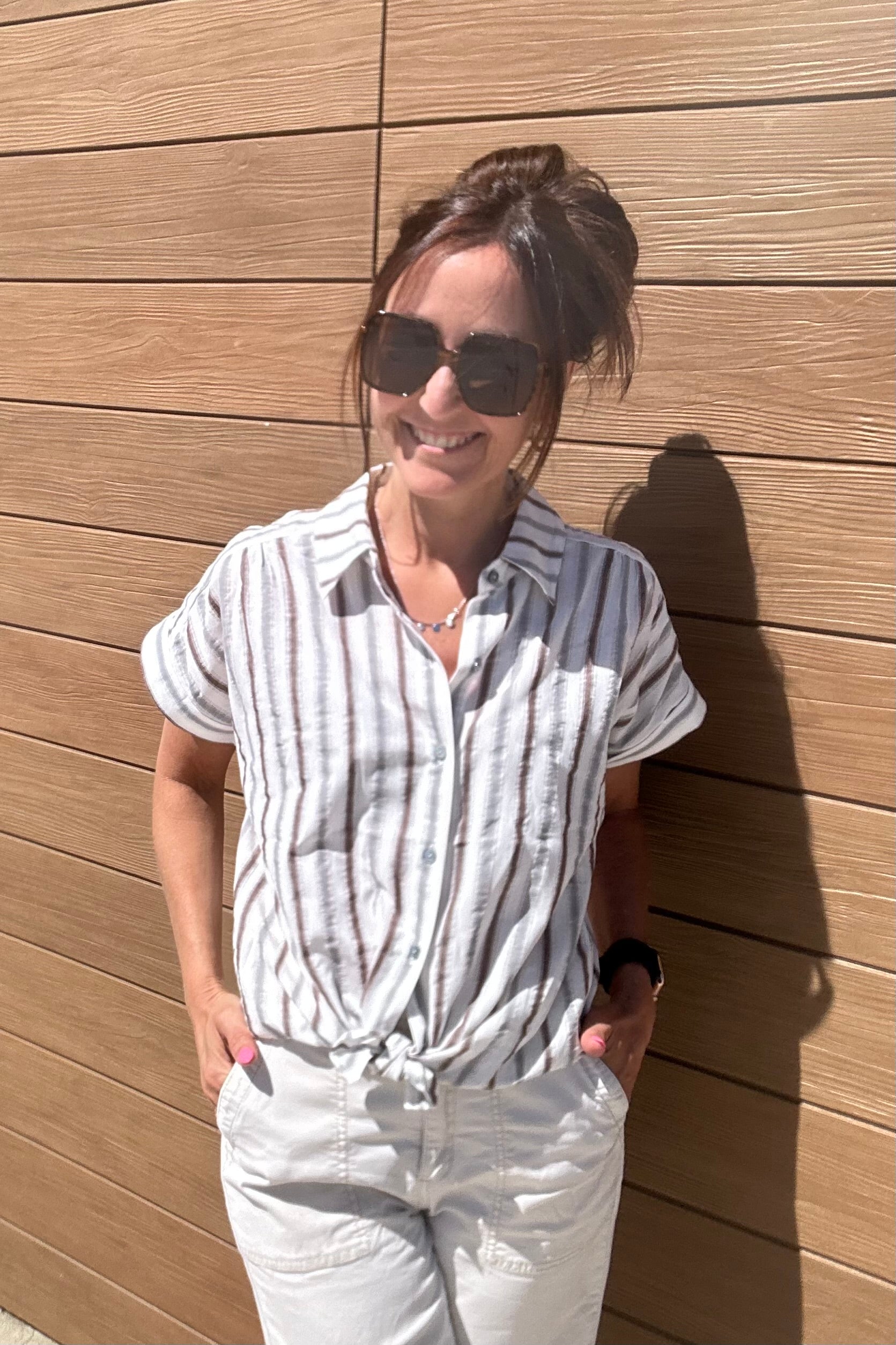 Amanda Striped Button Down-Short Sleeves-Hem & Thread-The Funky Zebra Ames, Women's Fashion Boutique in Ames, Iowa