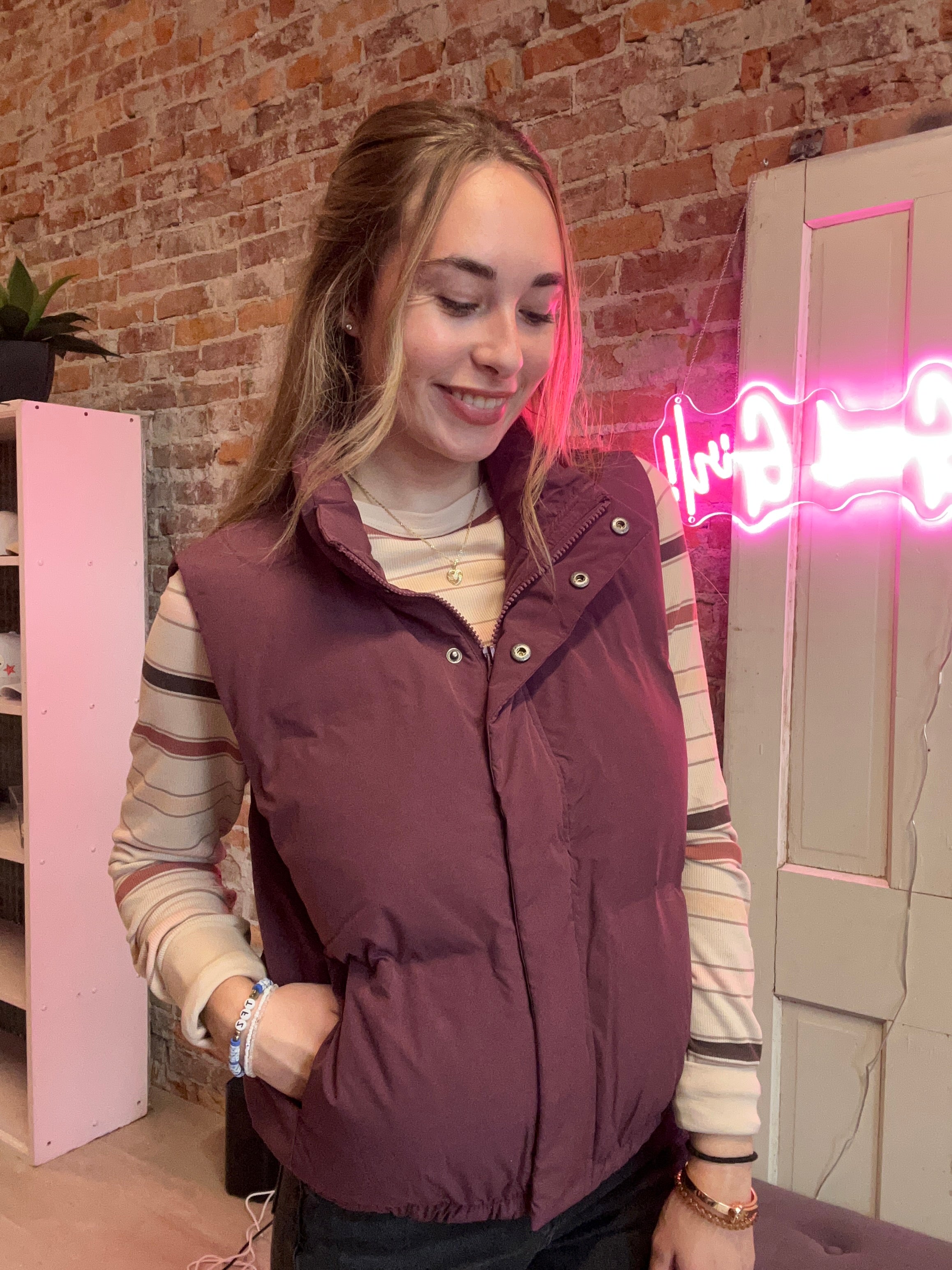 Women's Eggplant Puffer Vest-The Funky Zebra Ames-The Funky Zebra Ames, Women's Fashion Boutique in Ames, Iowa