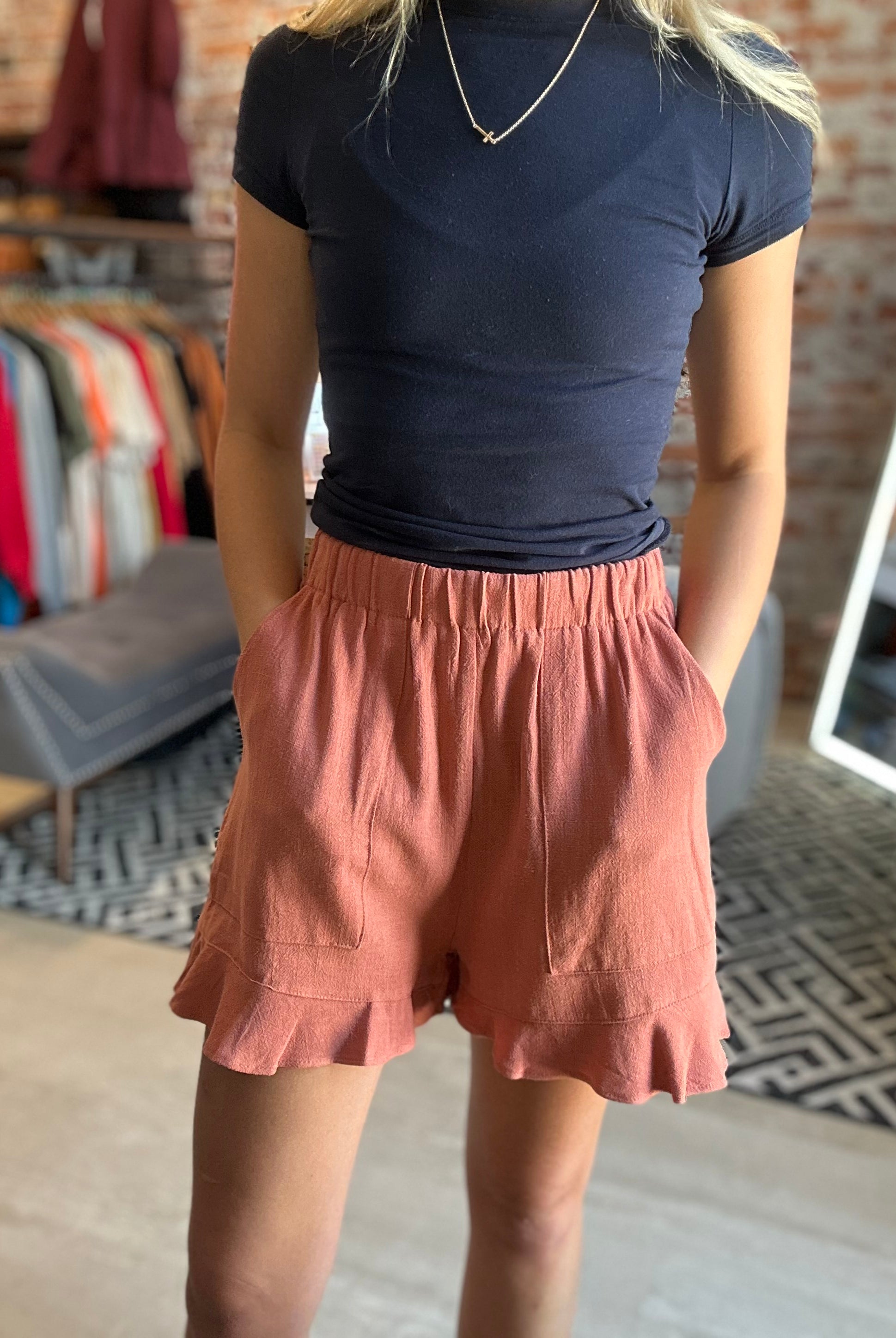Laura Flared Hem Rust Shorts-Shorts-La Miel-The Funky Zebra Ames, Women's Fashion Boutique in Ames, Iowa