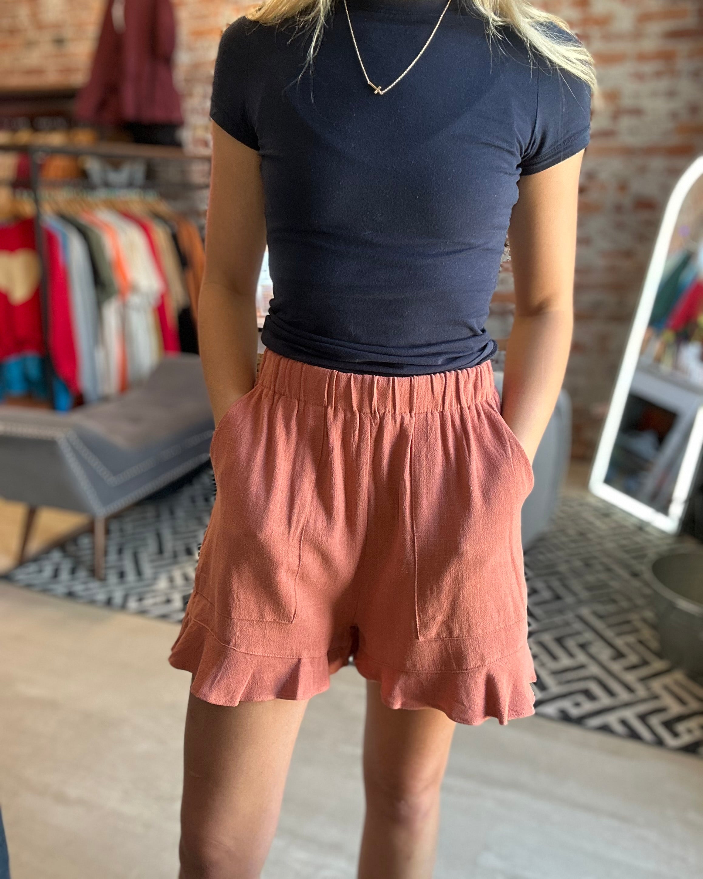 Laura Flared Hem Rust Shorts-Shorts-La Miel-The Funky Zebra Ames, Women's Fashion Boutique in Ames, Iowa