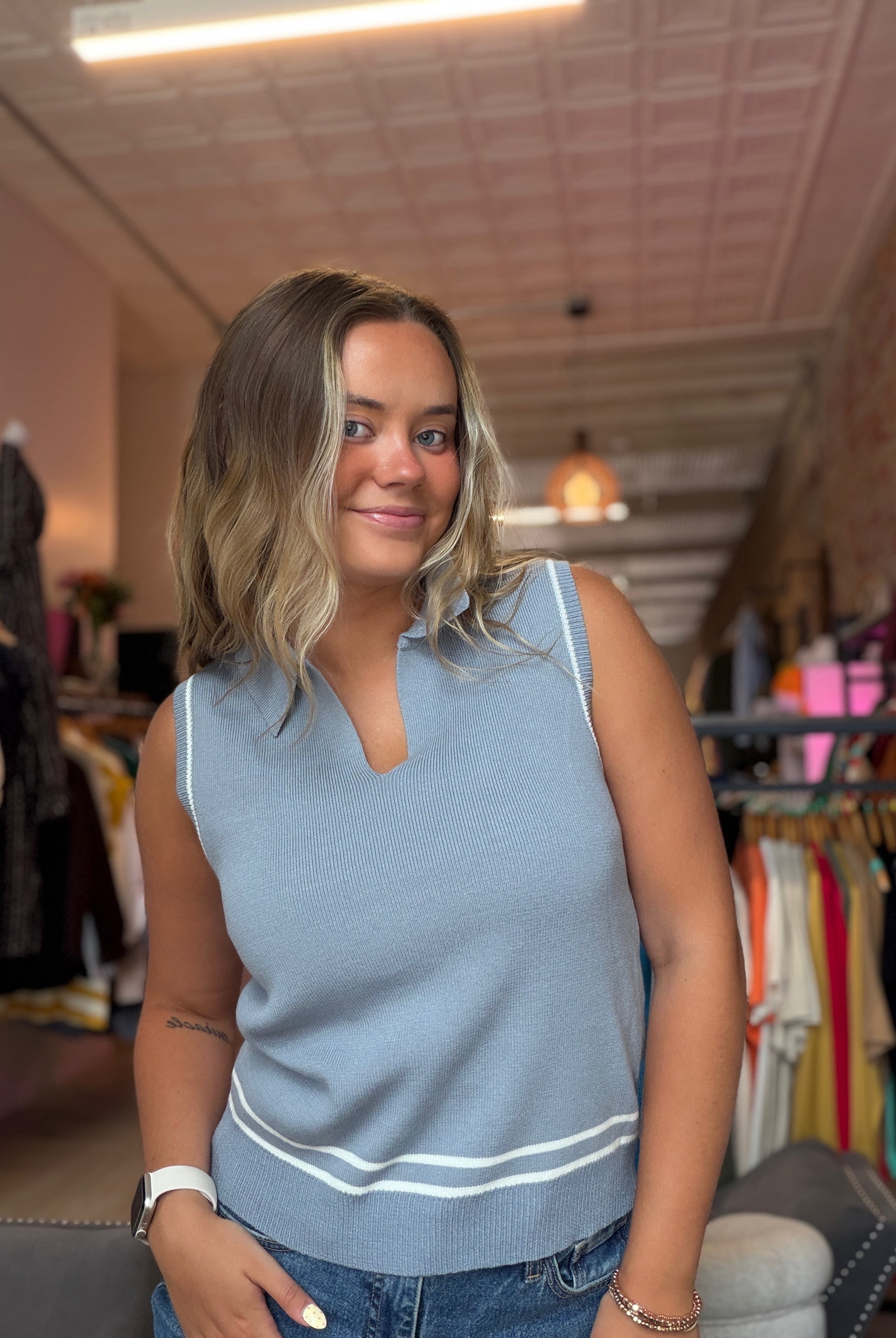 Maggie Blue Sleeveless Collar Sweater-The Funky Zebra Ames-The Funky Zebra Ames, Women's Fashion Boutique in Ames, Iowa