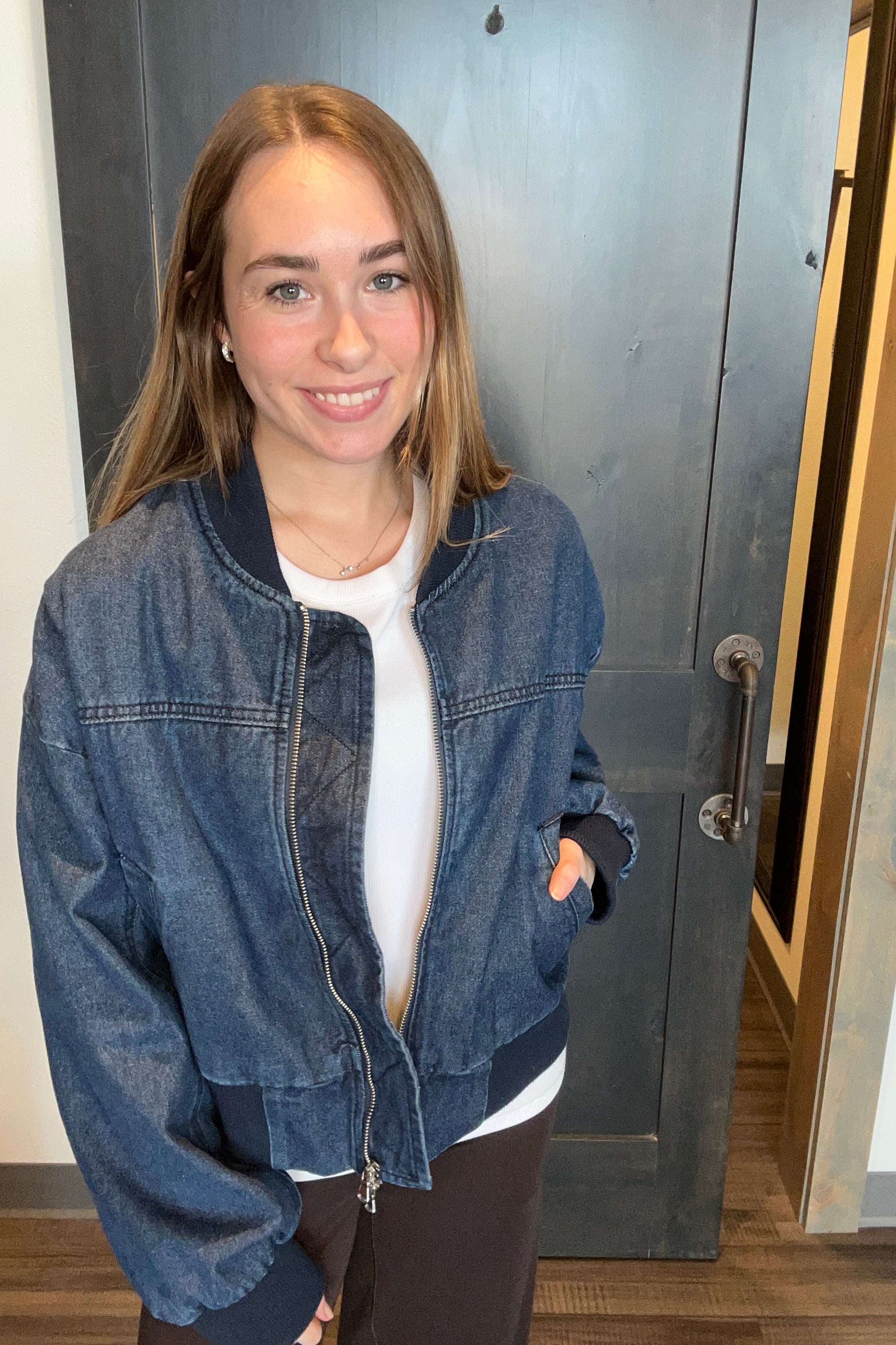 CL Mira Denim Bomber Jacket-The Funky Zebra Ames-The Funky Zebra Ames, Women's Fashion Boutique in Ames, Iowa