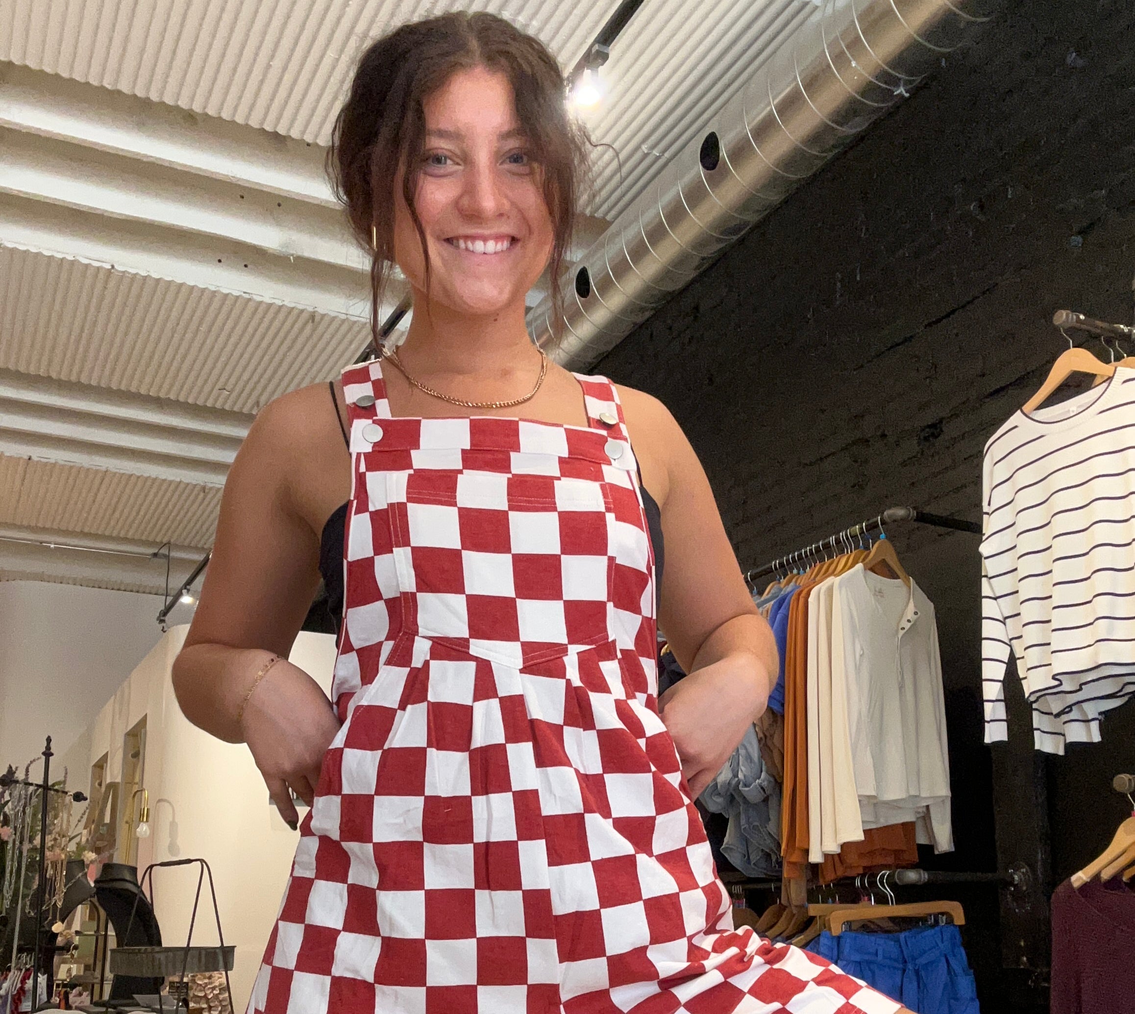 Lori Checkerboard Overall Romper-Overalls-Oddi-The Funky Zebra Ames, Women's Fashion Boutique in Ames, Iowa