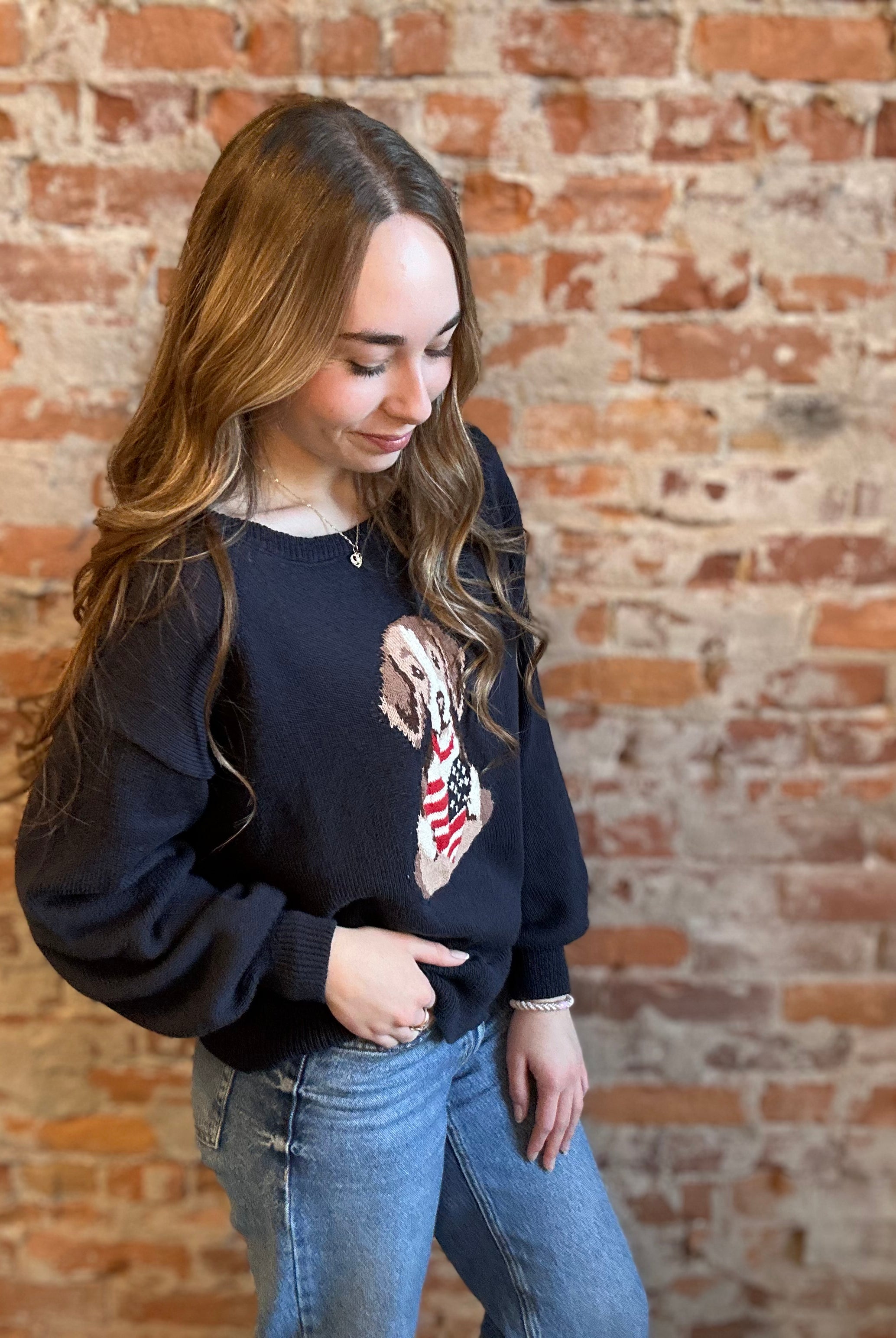 Raina American Heart Puppy Sweater-Sweaters-Blu Pepper-The Funky Zebra Ames, Women's Fashion Boutique in Ames, Iowa