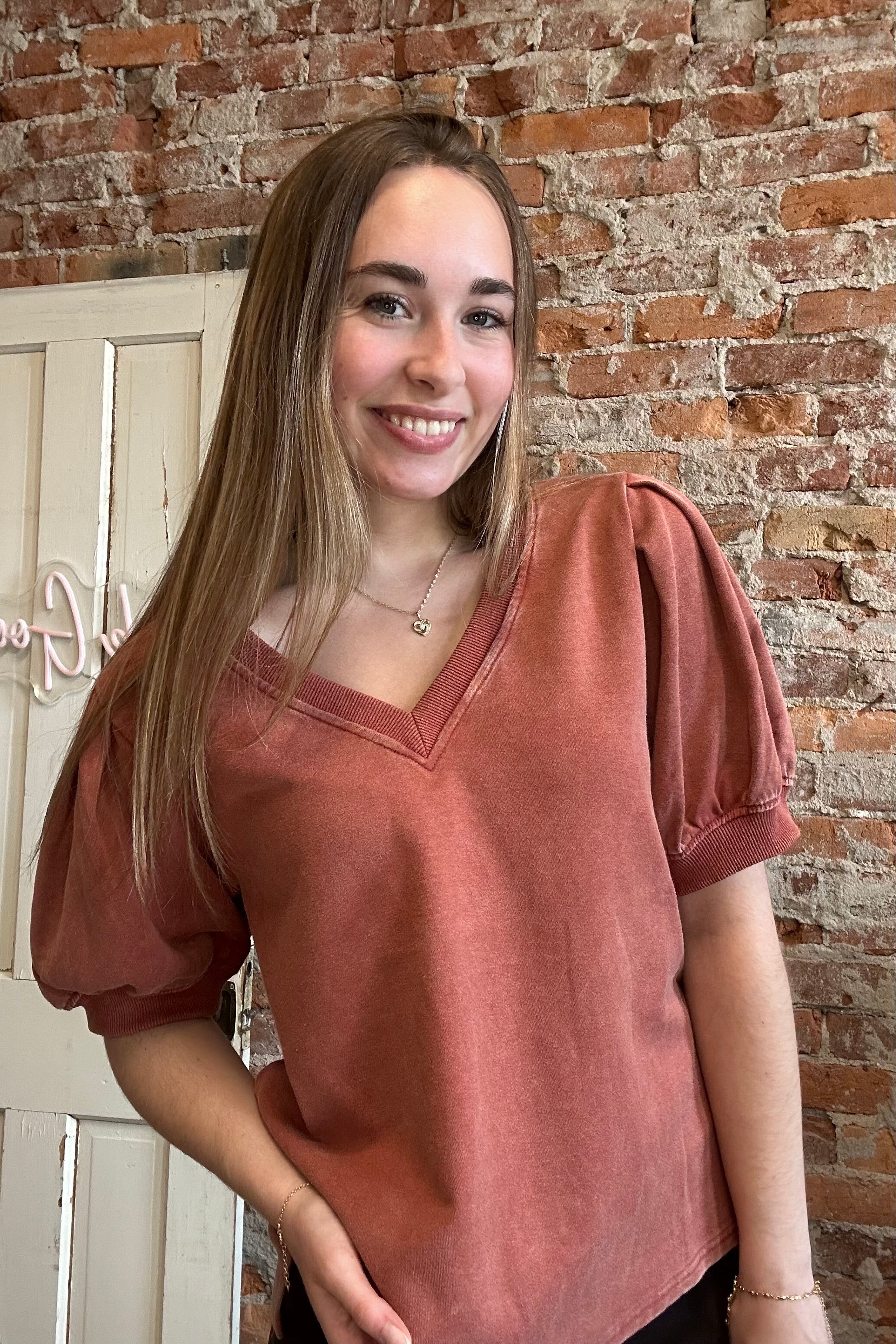 Maya Solid Puff Sleeve V Neck-Jodifl-The Funky Zebra Ames, Women's Fashion Boutique in Ames, Iowa