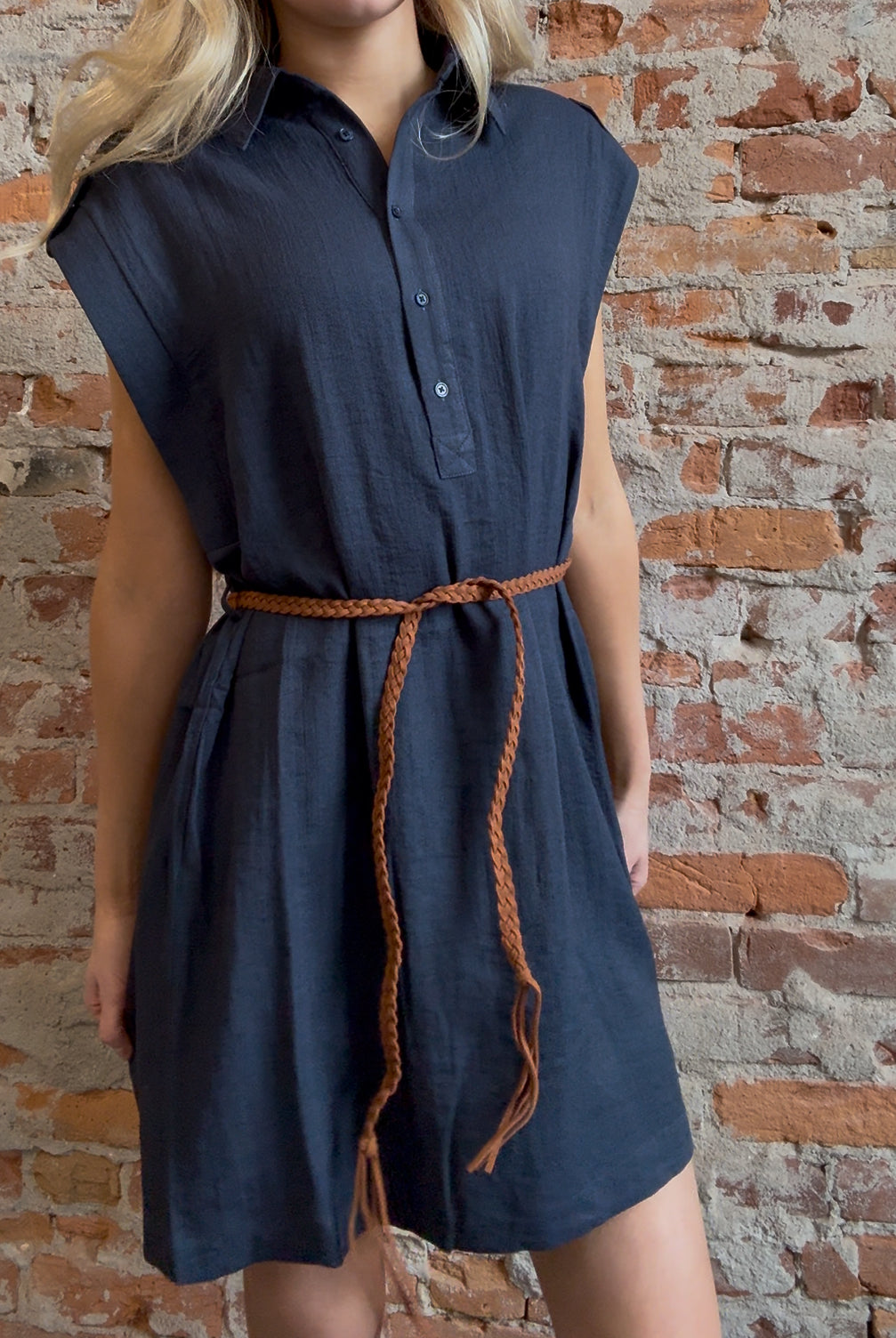 Carmen Navy Dress w/ Woven Belt-Dresses-Molly Bracken-The Funky Zebra Ames, Women's Fashion Boutique in Ames, Iowa