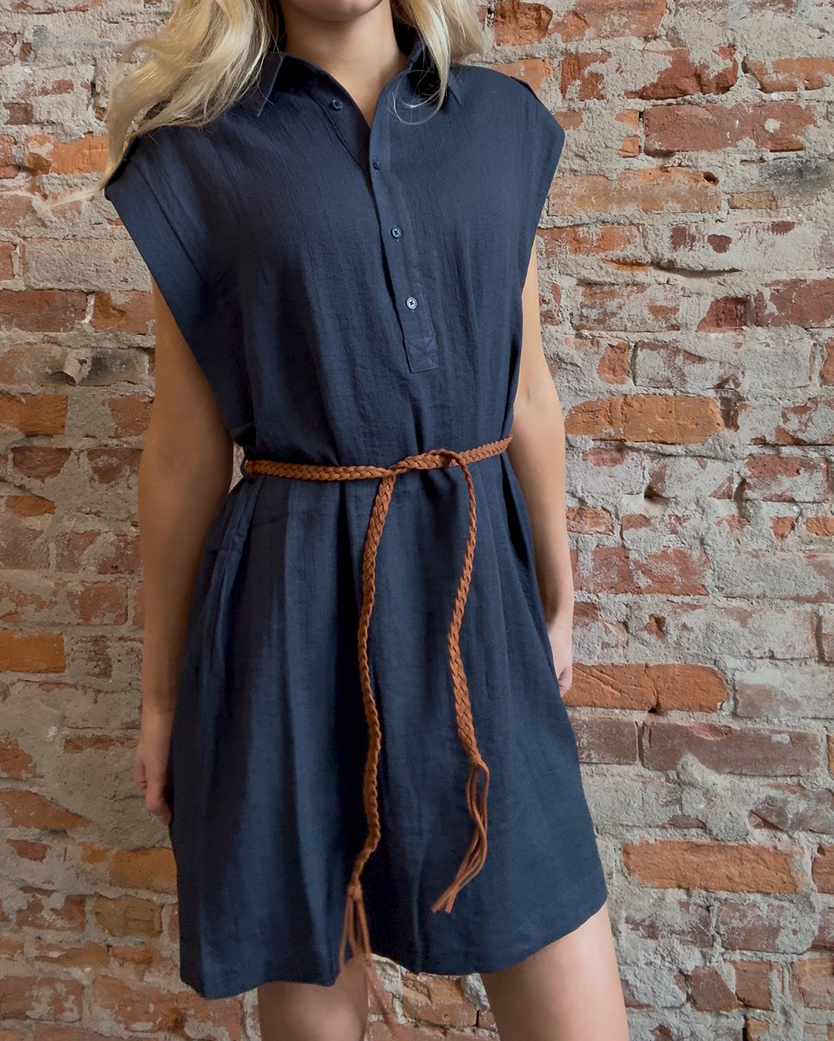 Carmen Navy Dress w/ Woven Belt-Dresses-Molly Bracken-The Funky Zebra Ames, Women's Fashion Boutique in Ames, Iowa