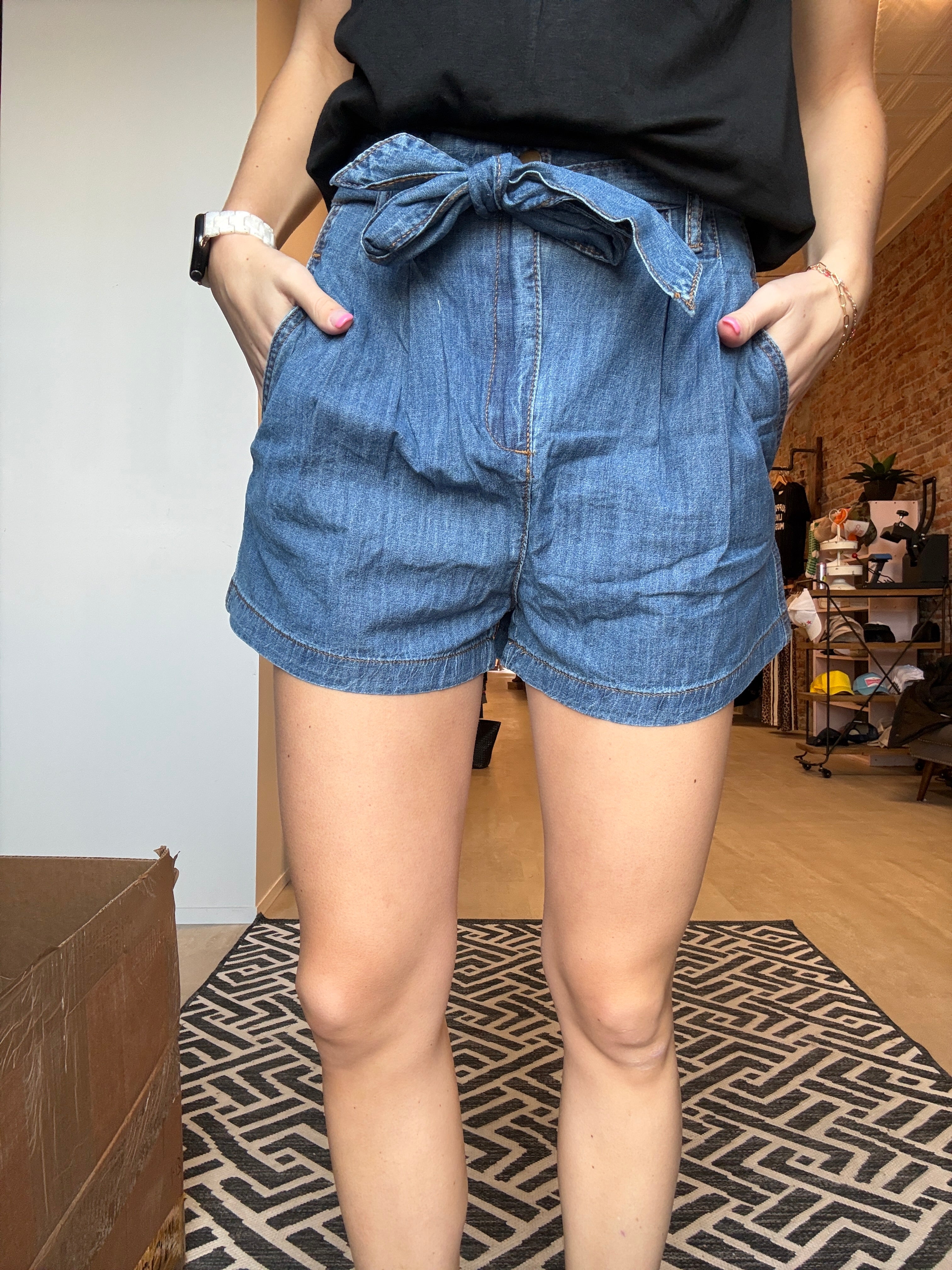 Rory Denim Paper Bag Shorts-Shorts-Miou Muse-The Funky Zebra Ames, Women's Fashion Boutique in Ames, Iowa