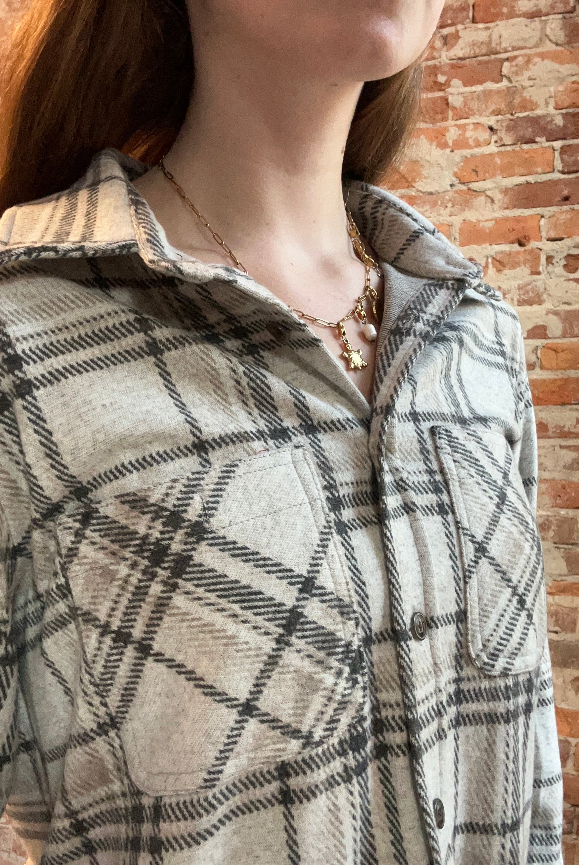 Georgia Taupe Plaid Button Up-Long Sleeves-Panache Accessories-The Funky Zebra Ames, Women's Fashion Boutique in Ames, Iowa