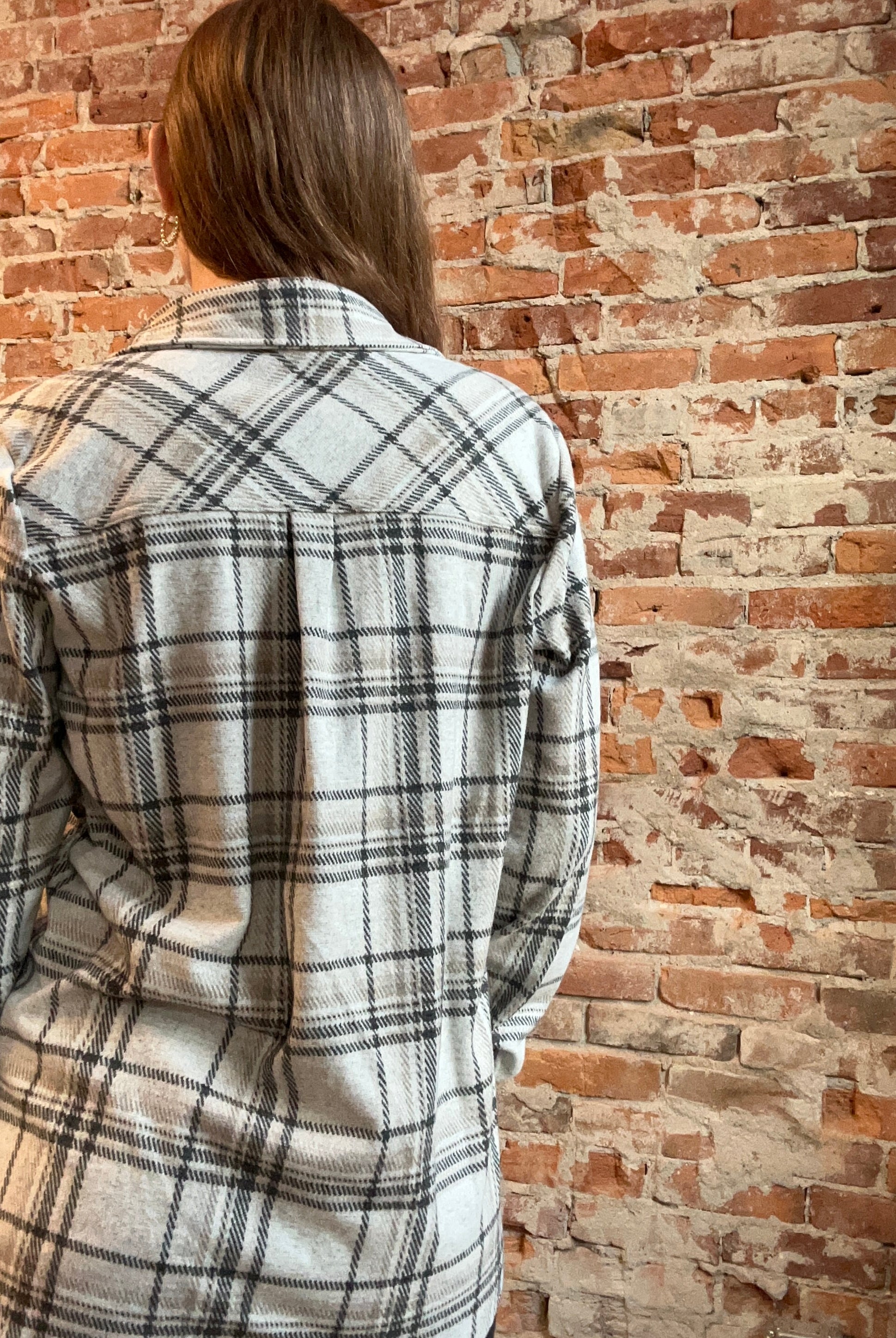 Georgia Taupe Plaid Button Up-Long Sleeves-Panache Accessories-The Funky Zebra Ames, Women's Fashion Boutique in Ames, Iowa