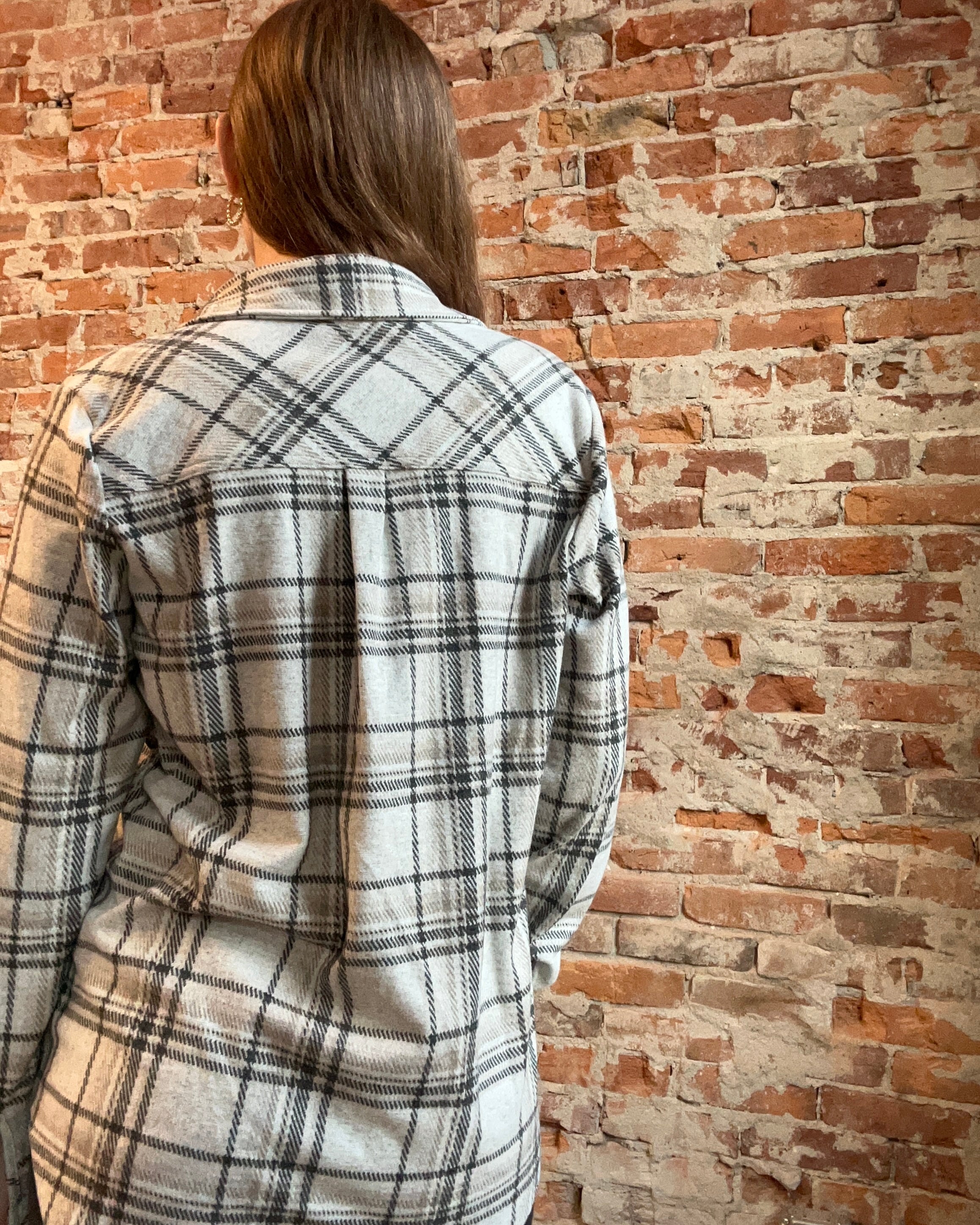 Georgia Taupe Plaid Button Up-Long Sleeves-Panache Accessories-The Funky Zebra Ames, Women's Fashion Boutique in Ames, Iowa