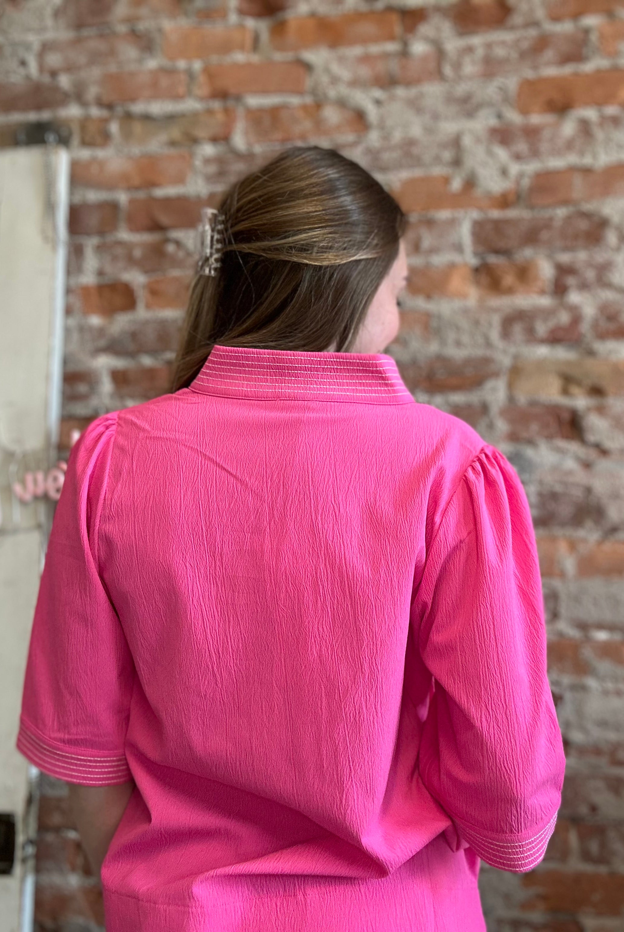 Tina Stitch Detail Pink Puff Sleeve Top-Jodifl-The Funky Zebra Ames, Women's Fashion Boutique in Ames, Iowa