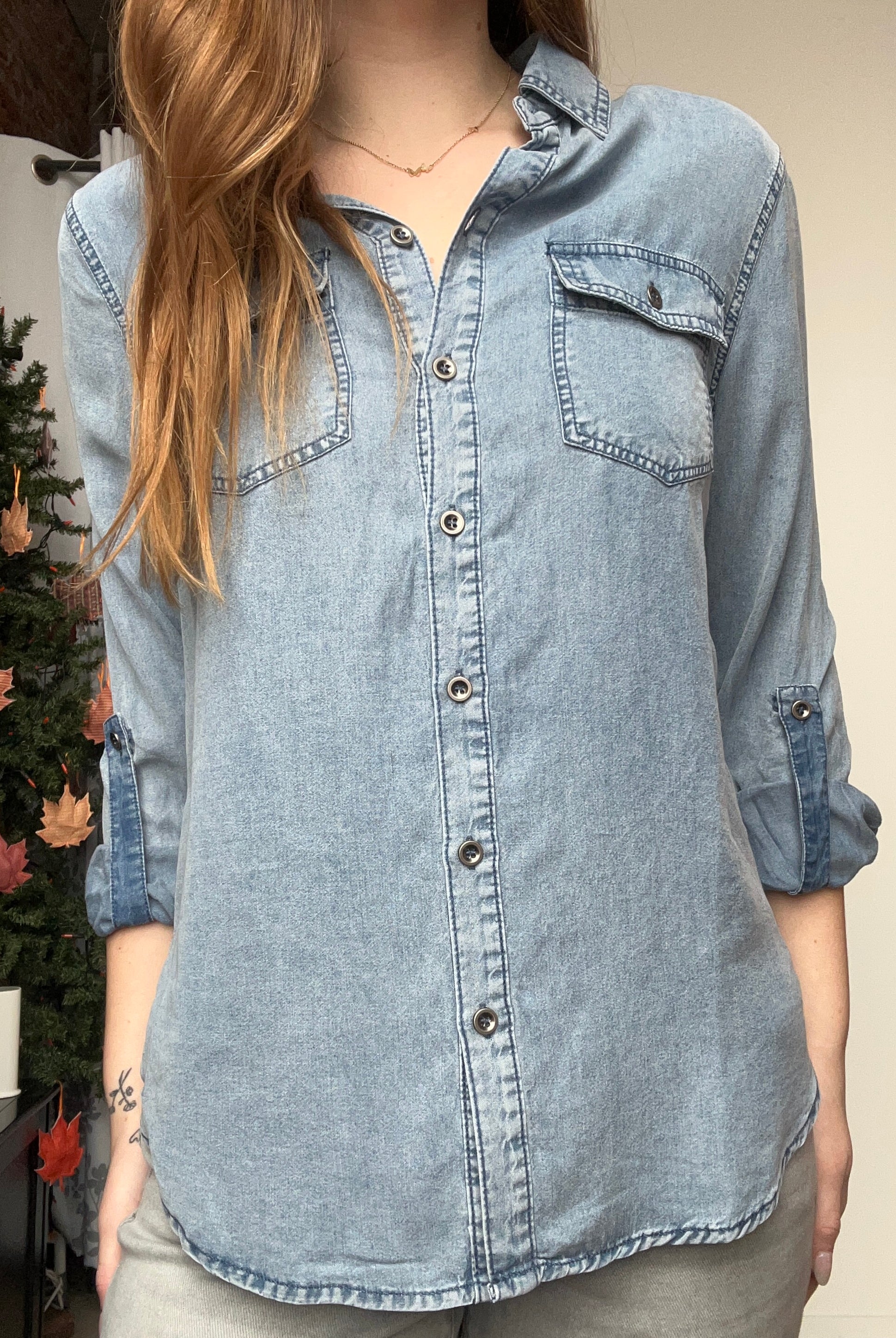 Chambray Button Down Shirt With Roll up Sleeve-Doe and Rae-The Funky Zebra Ames, Women's Fashion Boutique in Ames, Iowa