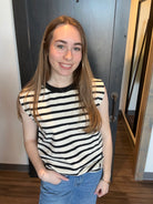 Andrea Black/White Knit Top-Short Sleeves-Staccato-The Funky Zebra Ames, Women's Fashion Boutique in Ames, Iowa