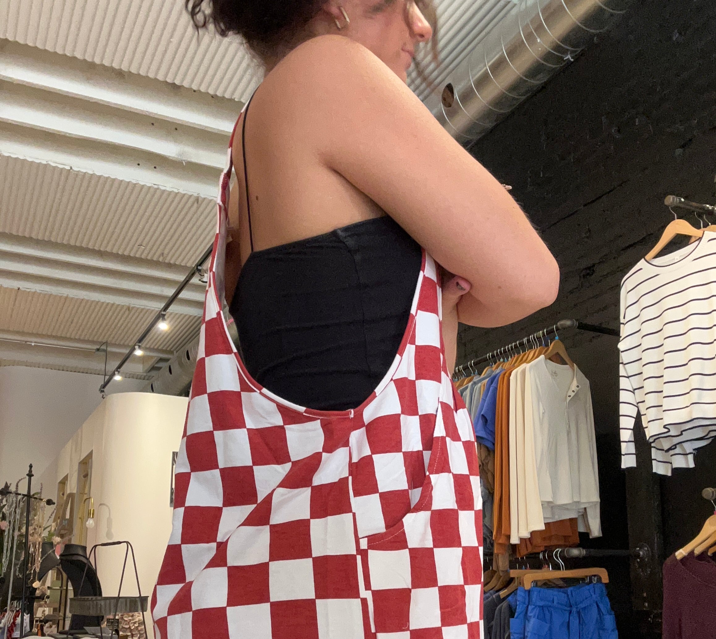 Lori Checkerboard Overall Romper-Overalls-Oddi-The Funky Zebra Ames, Women's Fashion Boutique in Ames, Iowa