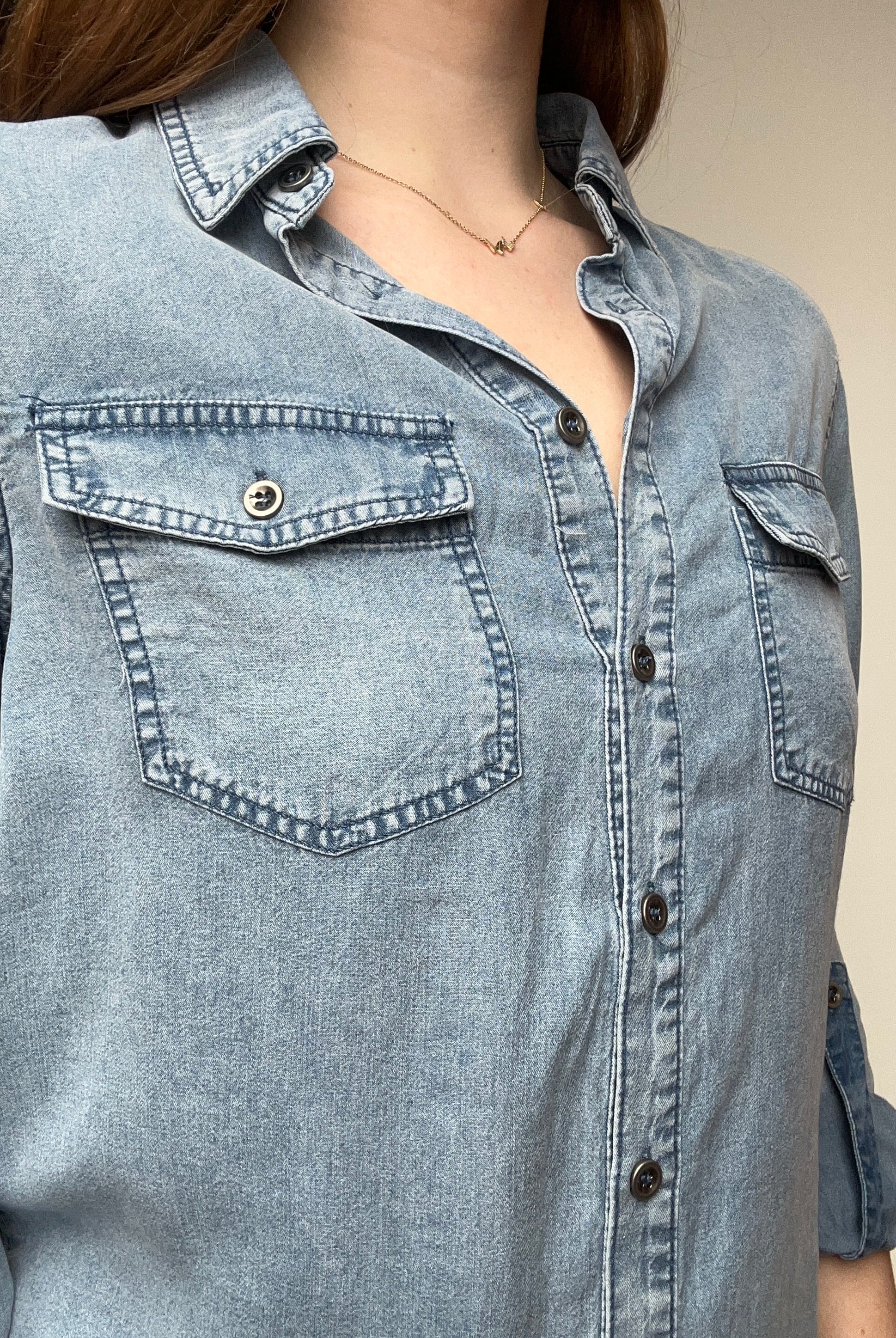 Chambray Button Down Shirt With Roll up Sleeve-Doe and Rae-The Funky Zebra Ames, Women's Fashion Boutique in Ames, Iowa