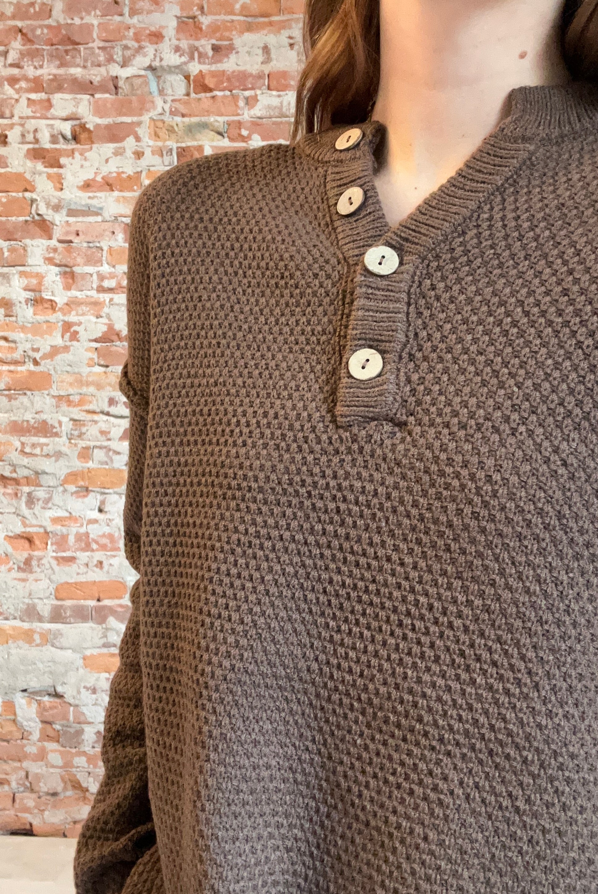Brown Button Henley Basic Sweater-Sweaters-Zenana-The Funky Zebra Ames, Women's Fashion Boutique in Ames, Iowa