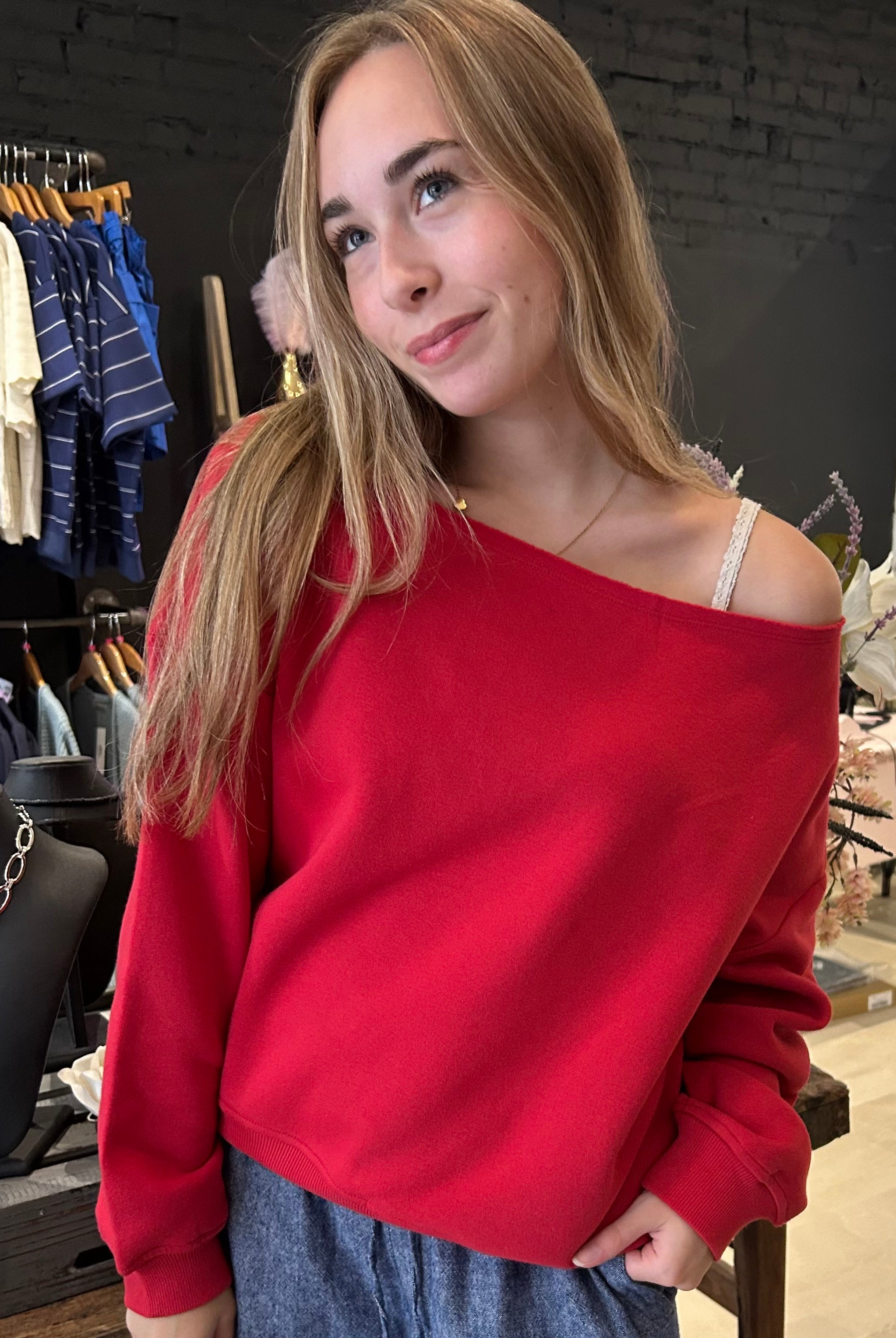Kyla Off Shoulder Red Top-Long Sleeves-Rae Mode-The Funky Zebra Ames, Women's Fashion Boutique in Ames, Iowa