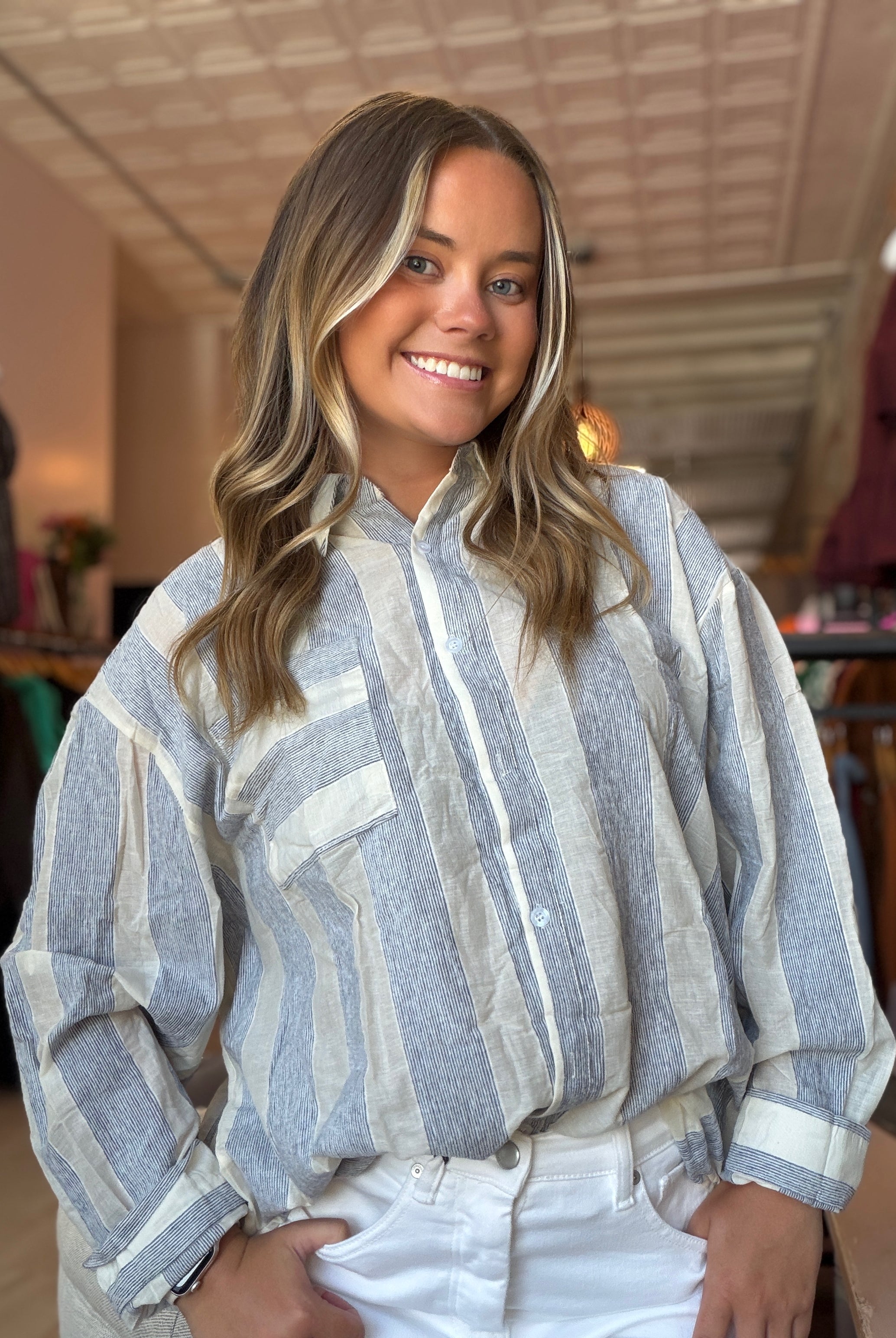 Brenna Mixed Stripe Button Up Top-top-Hayden-The Funky Zebra Ames, Women's Fashion Boutique in Ames, Iowa