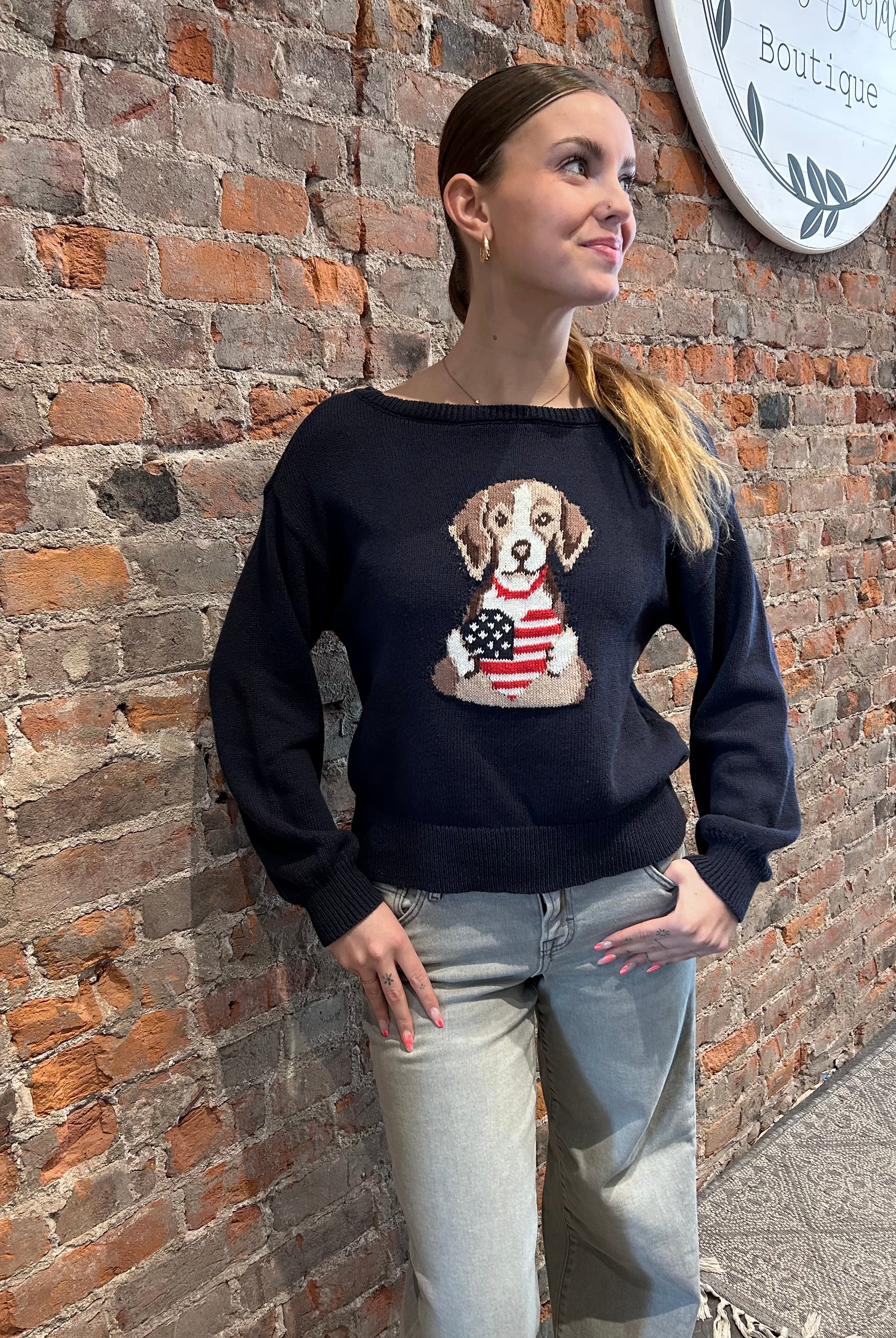 Raina American Heart Puppy Sweater-Sweaters-Blu Pepper-The Funky Zebra Ames, Women's Fashion Boutique in Ames, Iowa