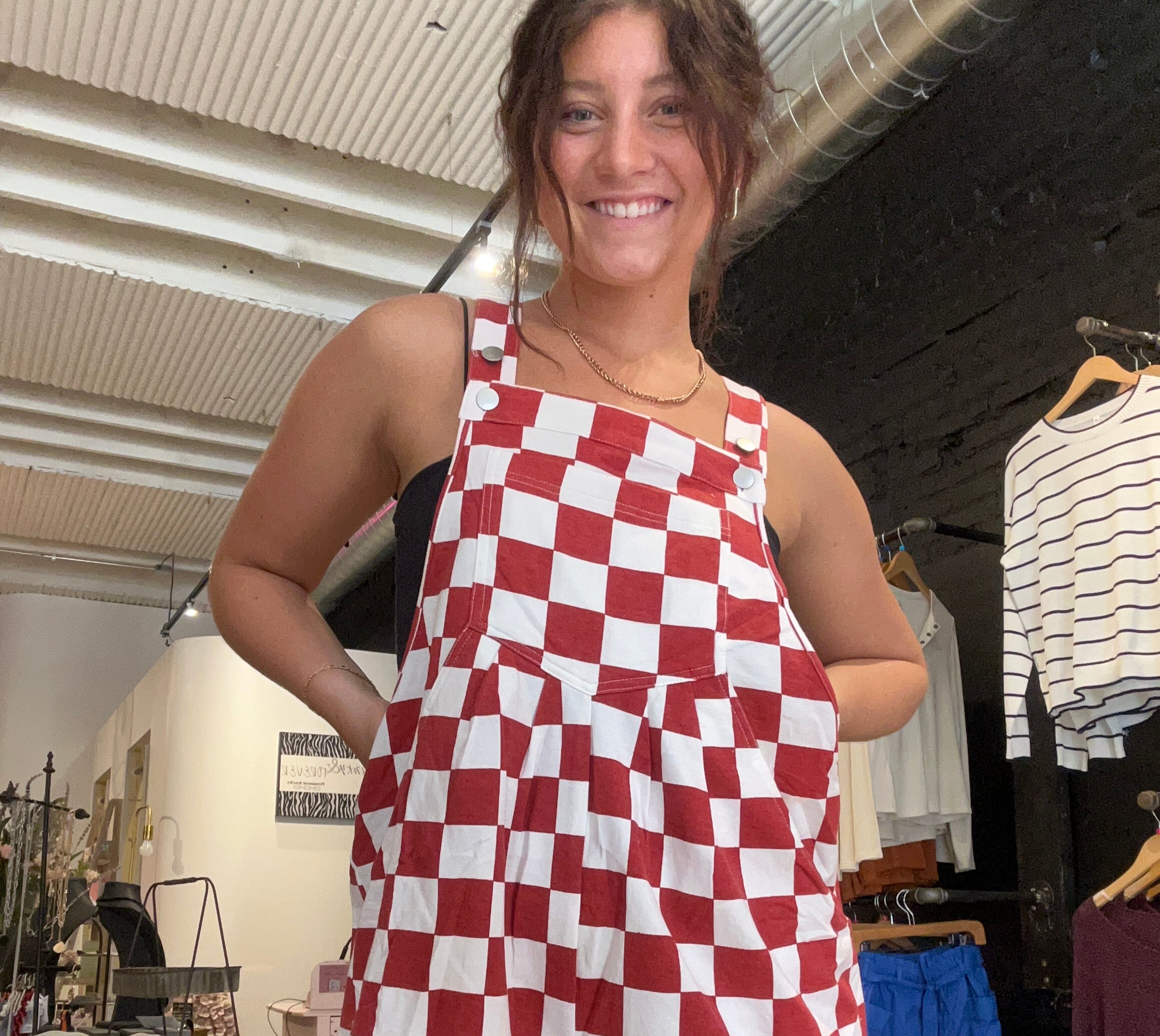 Lori Checkerboard Overall Romper-Overalls-Oddi-The Funky Zebra Ames, Women's Fashion Boutique in Ames, Iowa