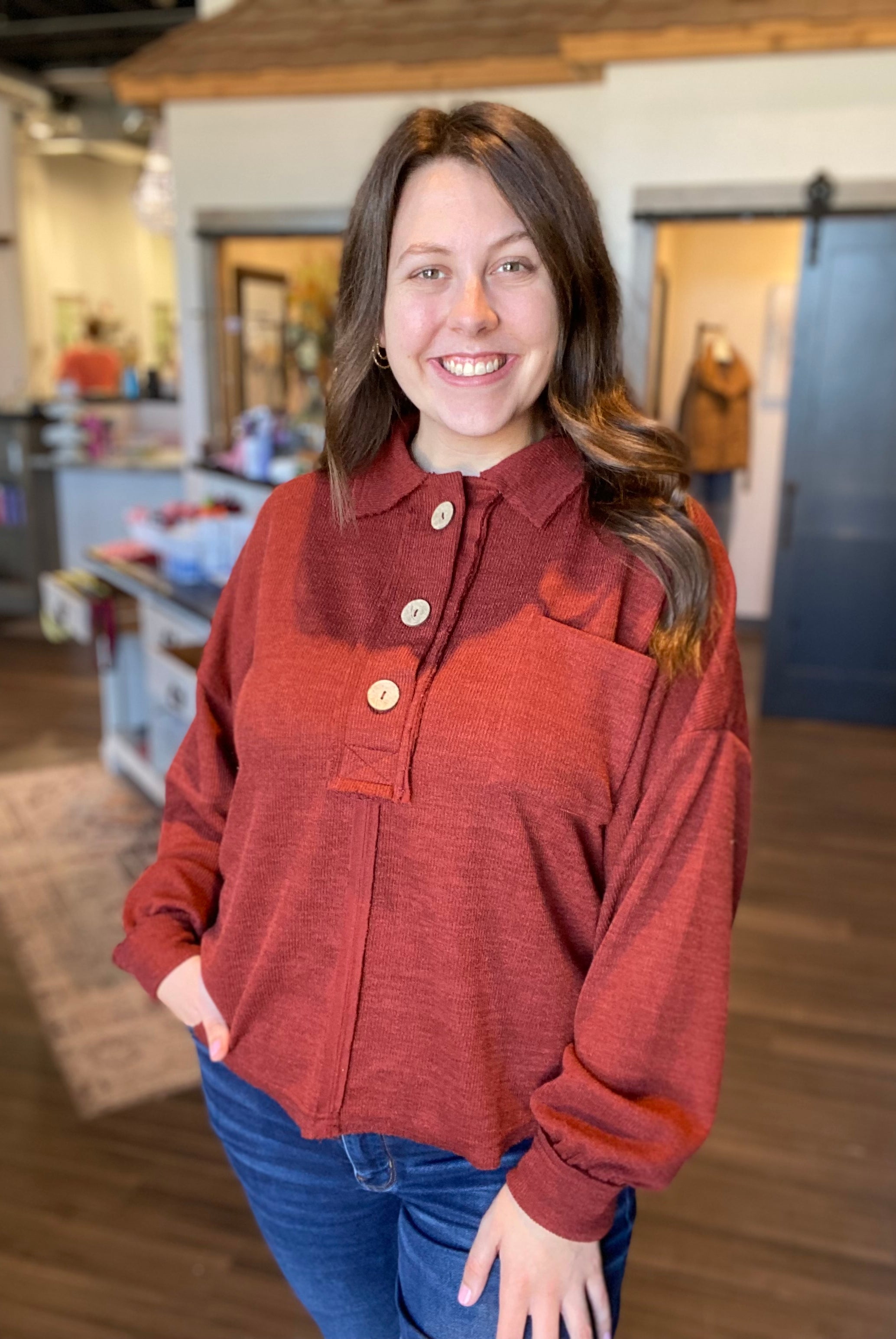 Jen Raw Edge Top-Blu Pepper-The Funky Zebra Ames, Women's Fashion Boutique in Ames, Iowa