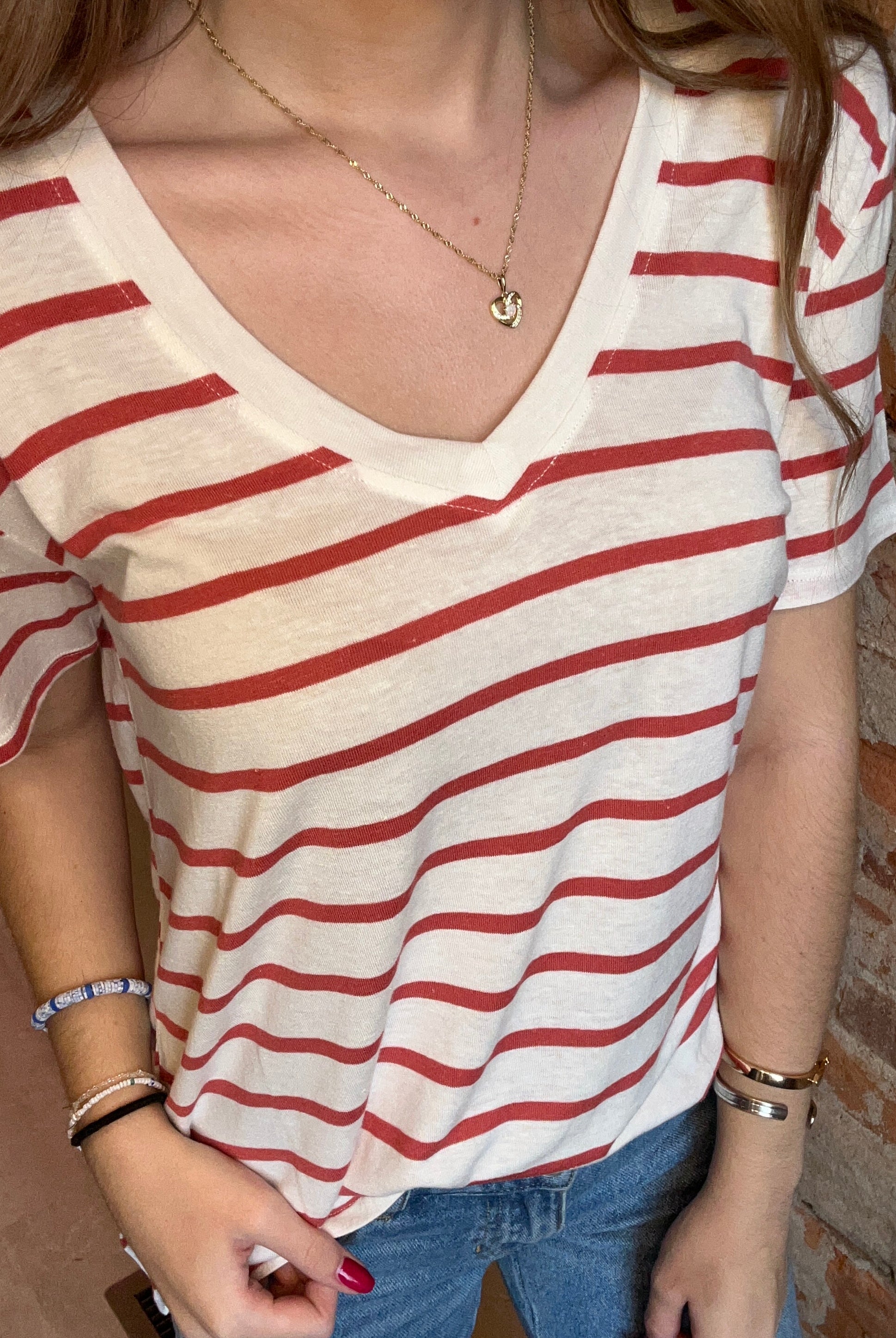 Shyla Striped V Neck Tee-Short Sleeves-Be Cool-The Funky Zebra Ames, Women's Fashion Boutique in Ames, Iowa