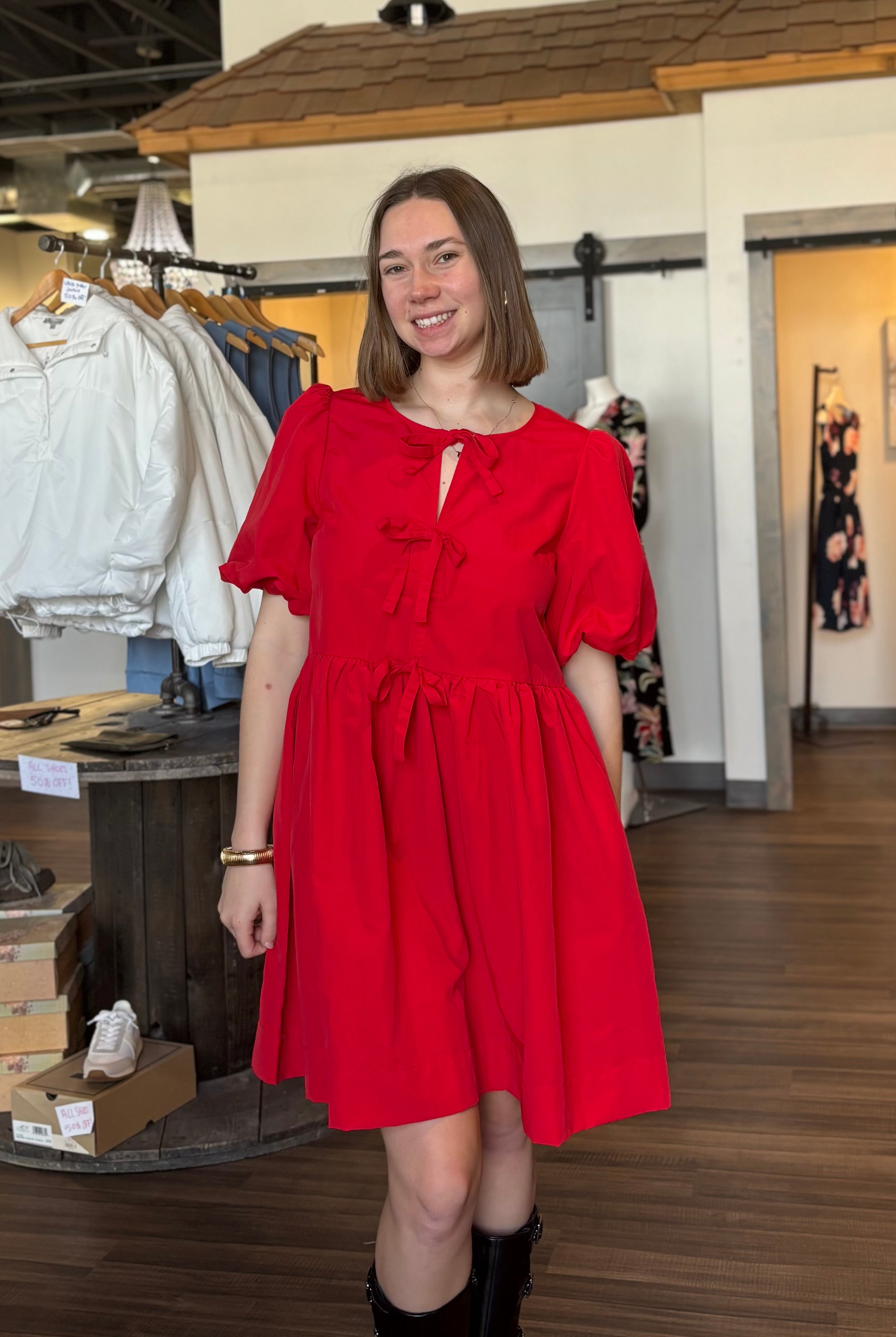 Penni Bow Tie Baby Doll Dress-The Funky Zebra Ames-The Funky Zebra Ames, Women's Fashion Boutique in Ames, Iowa