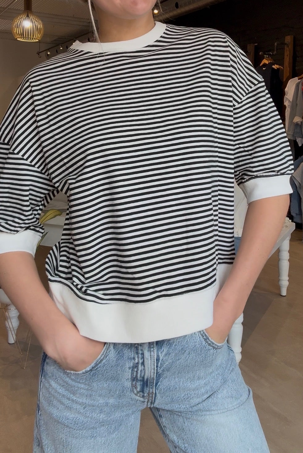 Jerra Striped Contrast Band Top 3/4 Sleeve-Zenana-The Funky Zebra Ames, Women's Fashion Boutique in Ames, Iowa
