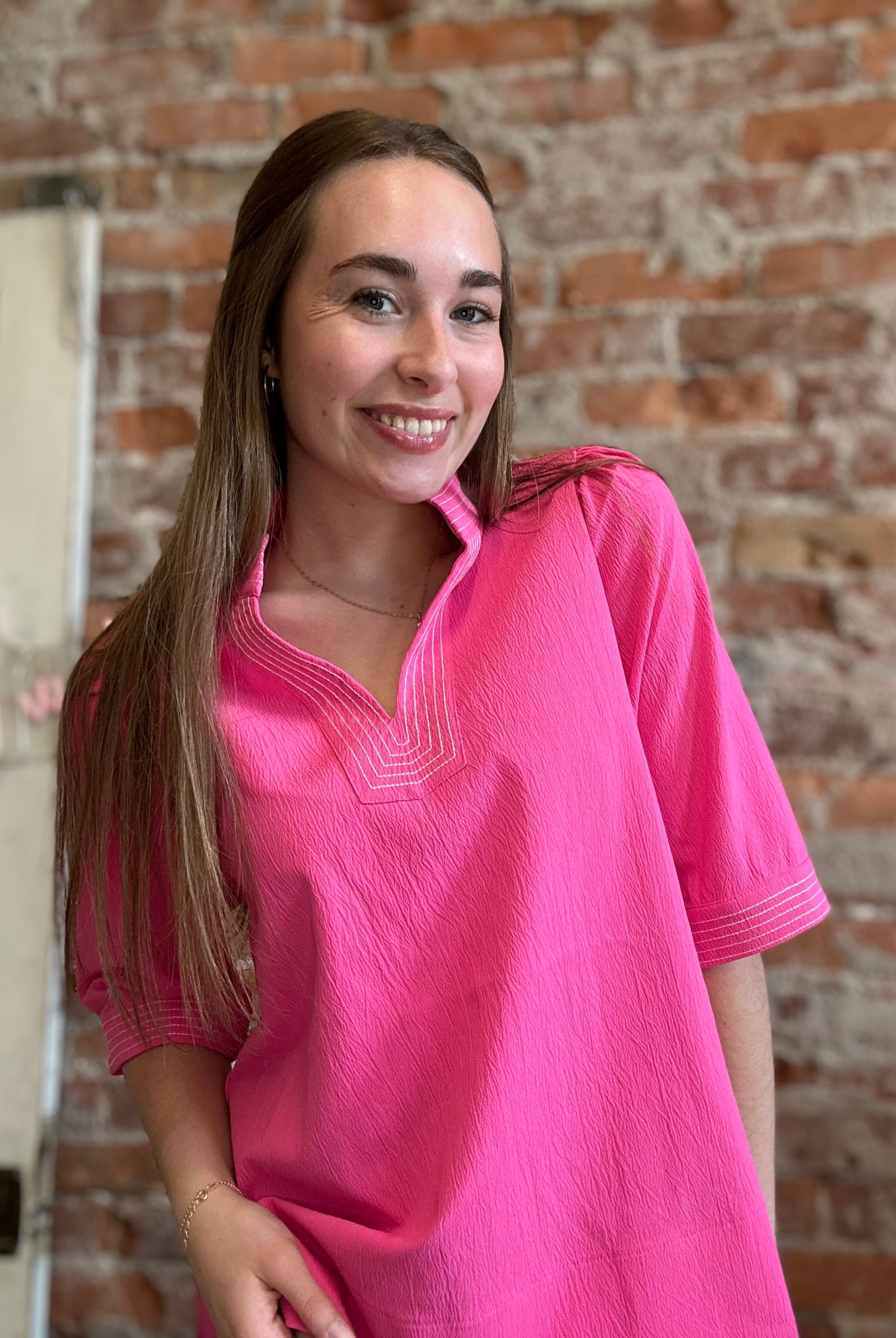 Tina Stitch Detail Pink Puff Sleeve Top-Jodifl-The Funky Zebra Ames, Women's Fashion Boutique in Ames, Iowa