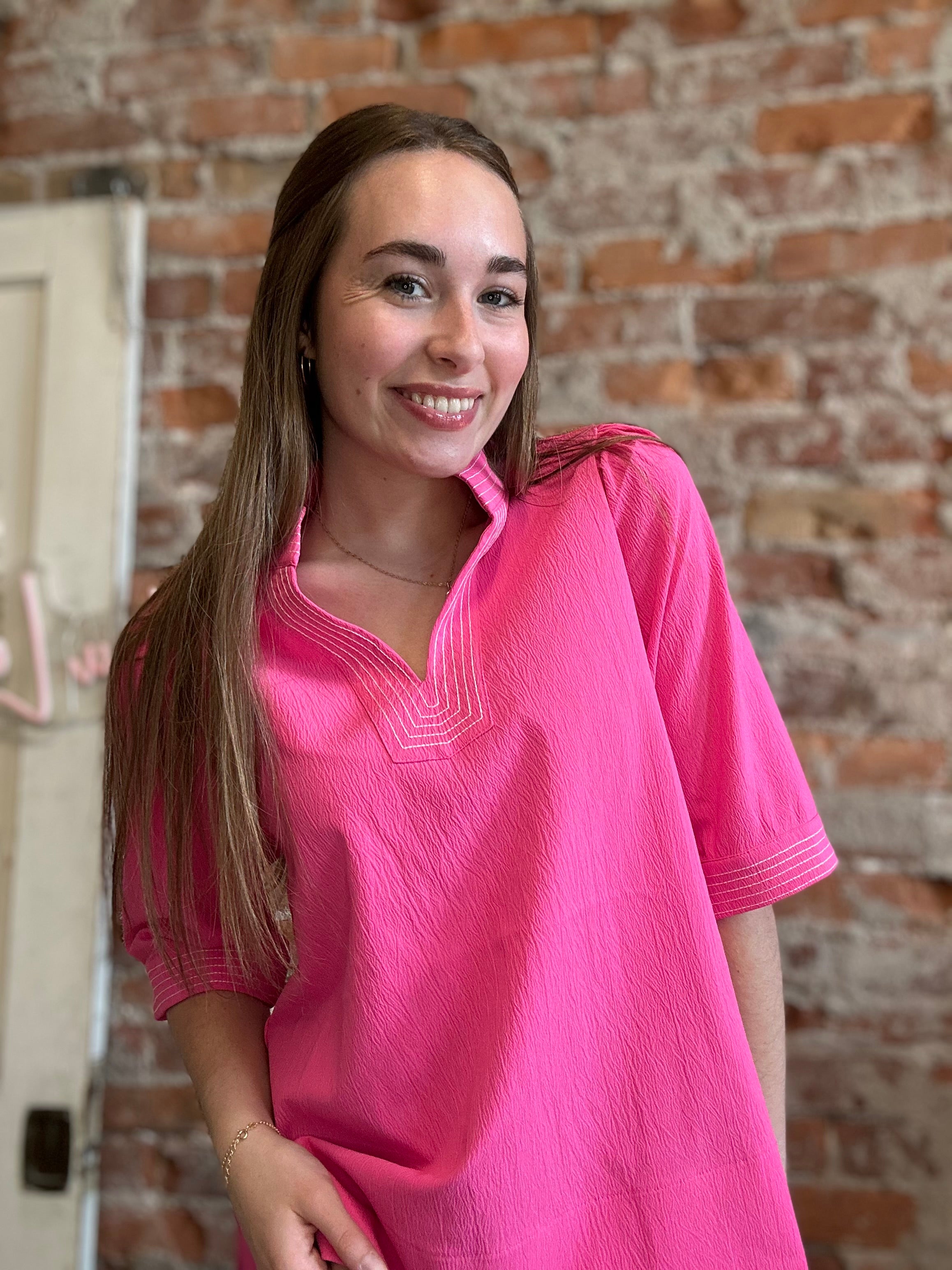 Tina Stitch Detail Pink Puff Sleeve Top-Jodifl-The Funky Zebra Ames, Women's Fashion Boutique in Ames, Iowa