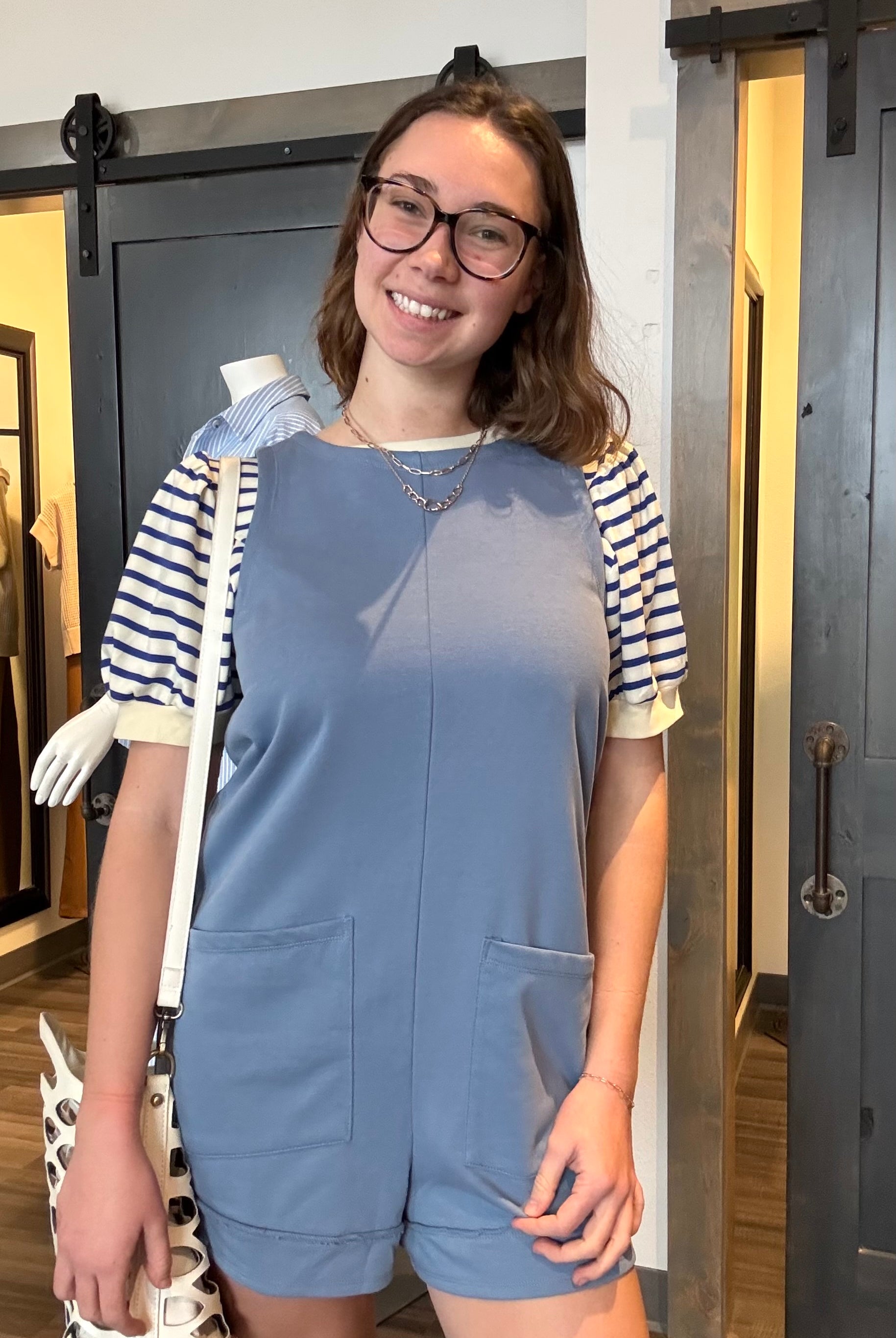 Billie Blue Romper-Rompers-The Funky Zebra Ames-The Funky Zebra Ames, Women's Fashion Boutique in Ames, Iowa