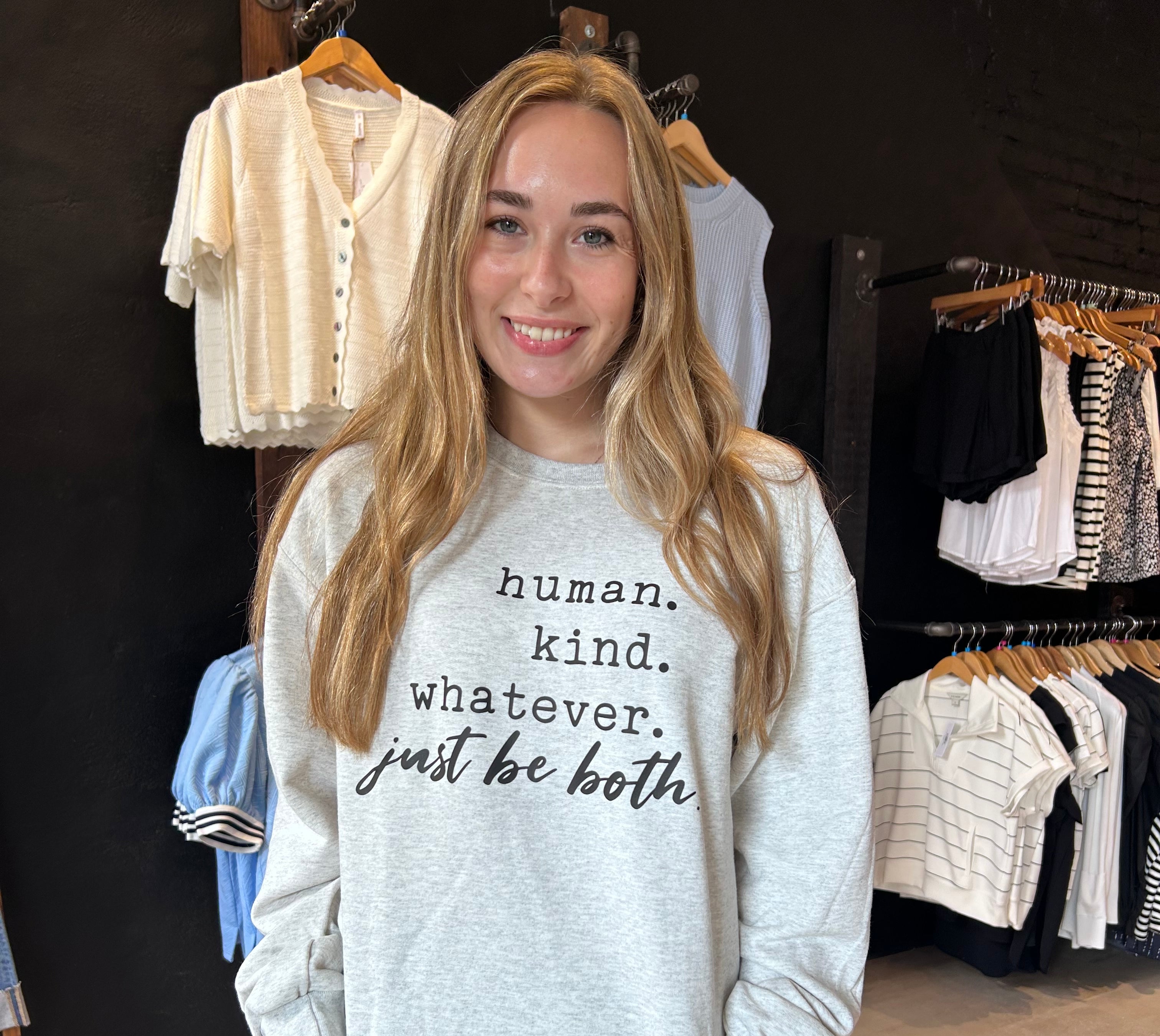 Human, Kind, Whatever Sweatshirt-Graphic Sweatshirt-The Funky Zebra Ames-The Funky Zebra Ames, Women's Fashion Boutique in Ames, Iowa