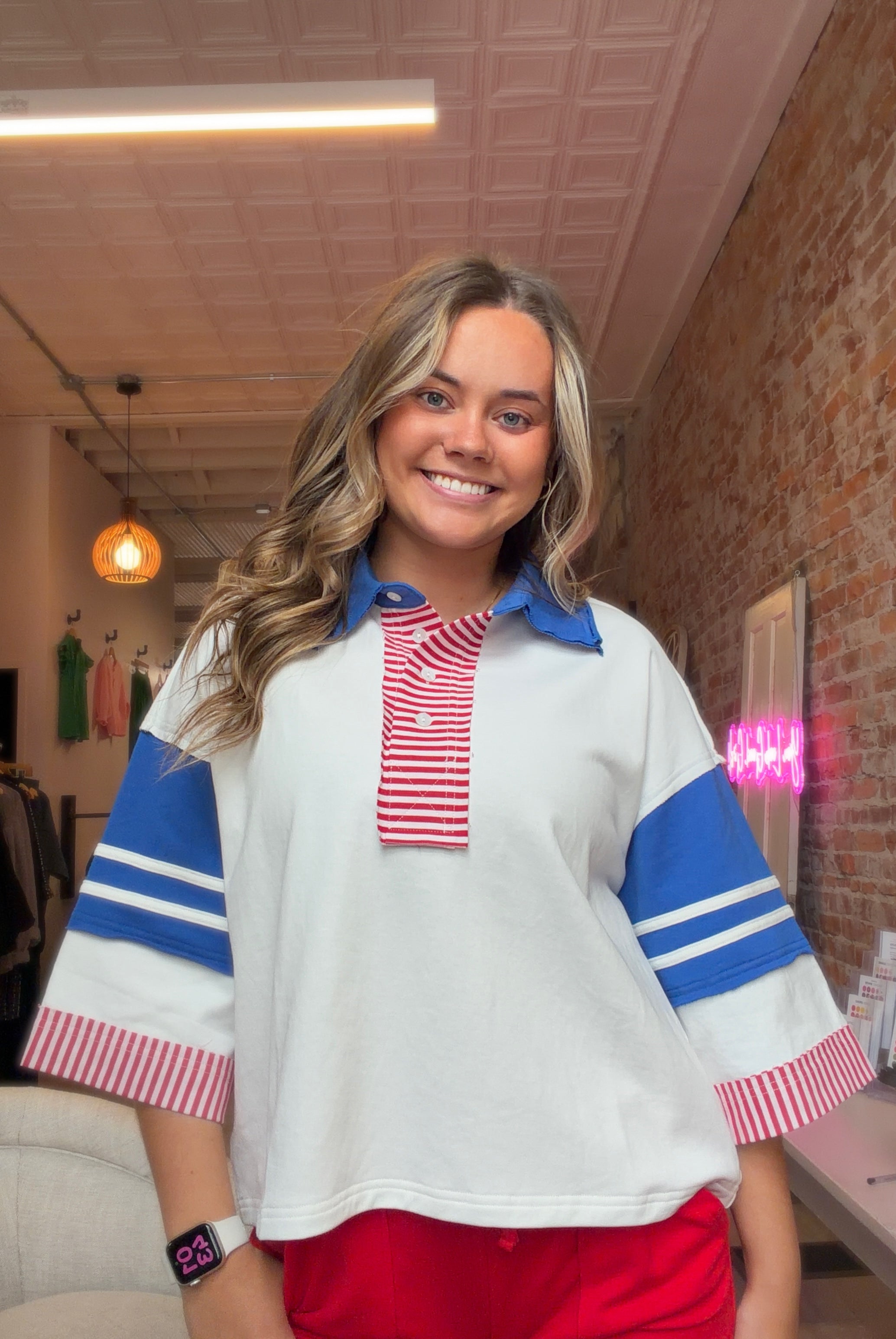 Patriotic Color Blocked Polo Shirt-Jodifl-The Funky Zebra Ames, Women's Fashion Boutique in Ames, Iowa