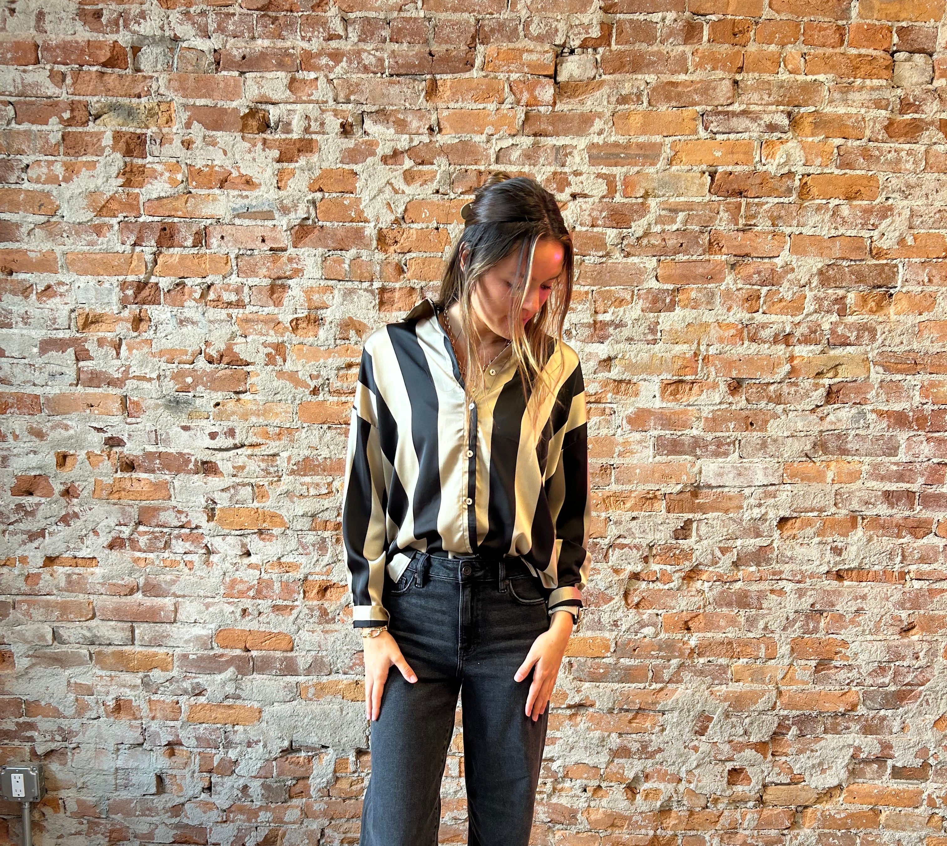 Lydia Oversized Stripe Satin Blouse-Blouse-Doe and Rae-The Funky Zebra Ames, Women's Fashion Boutique in Ames, Iowa