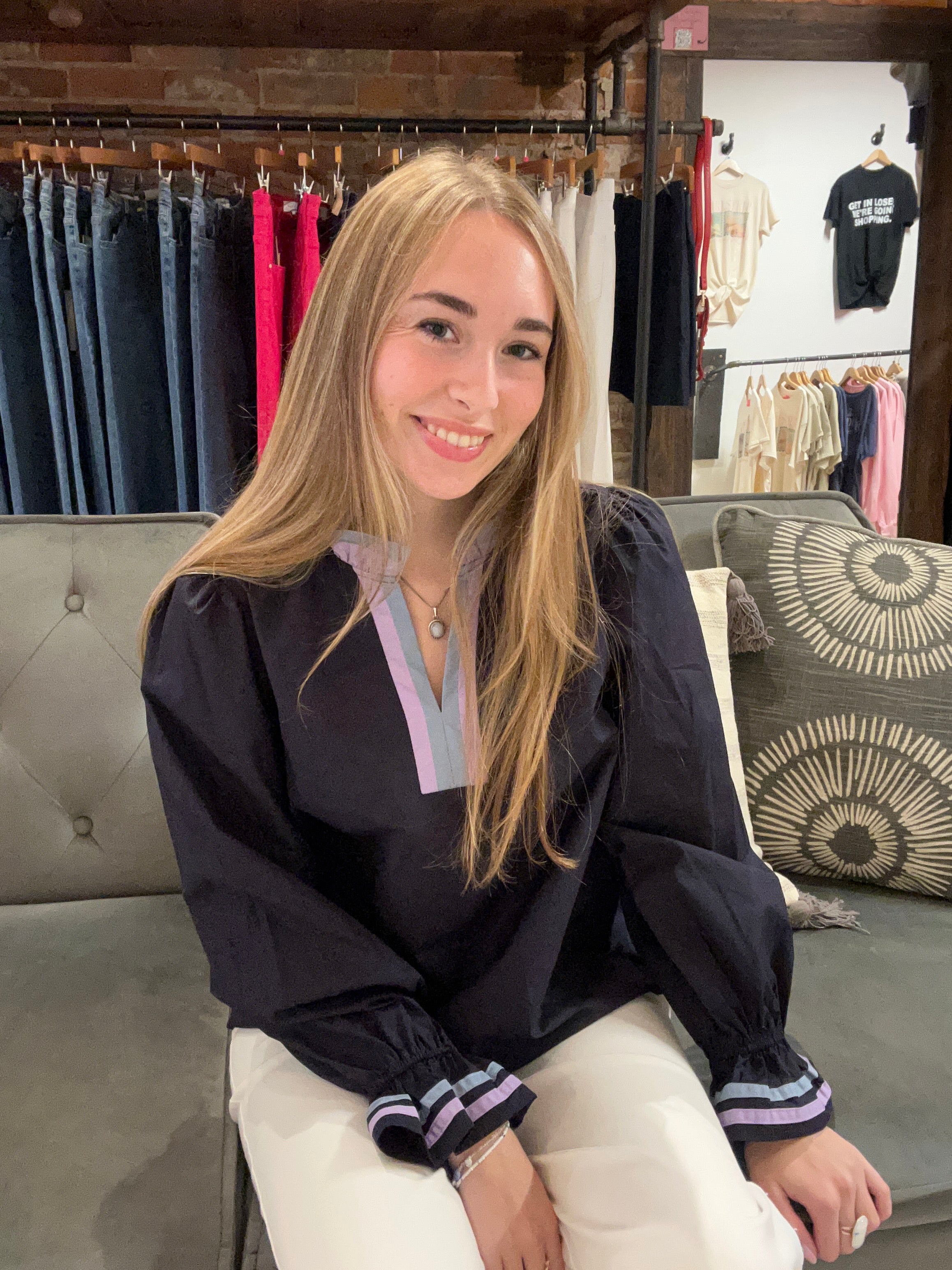 Theron Navy Color Contrast Top-Long Sleeves-Jodifl-The Funky Zebra Ames, Women's Fashion Boutique in Ames, Iowa