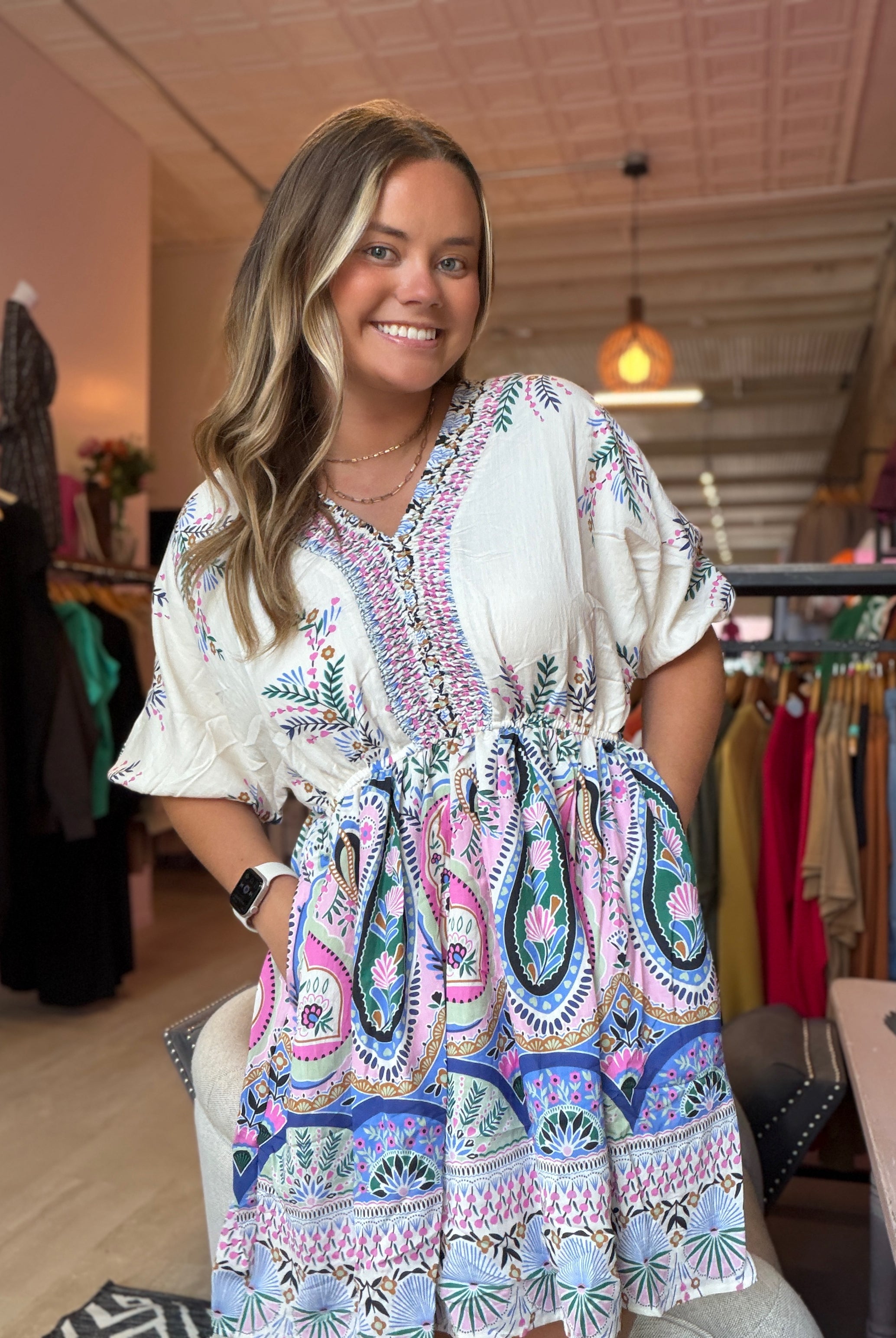 Hanna Paisley Border Print Dress-Dresses-Hayden-The Funky Zebra Ames, Women's Fashion Boutique in Ames, Iowa