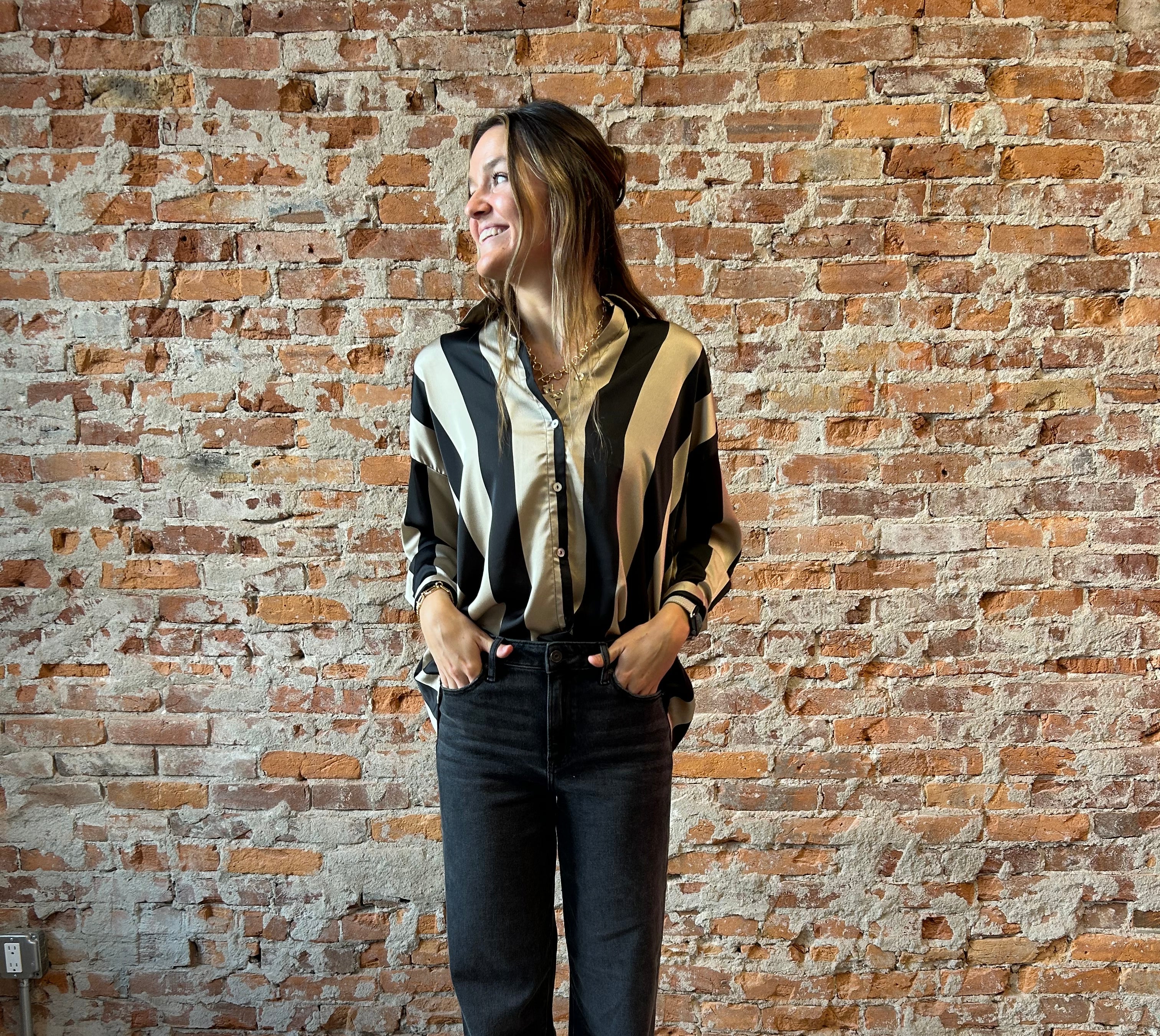 Lydia Oversized Stripe Satin Blouse-Blouse-Doe and Rae-The Funky Zebra Ames, Women's Fashion Boutique in Ames, Iowa