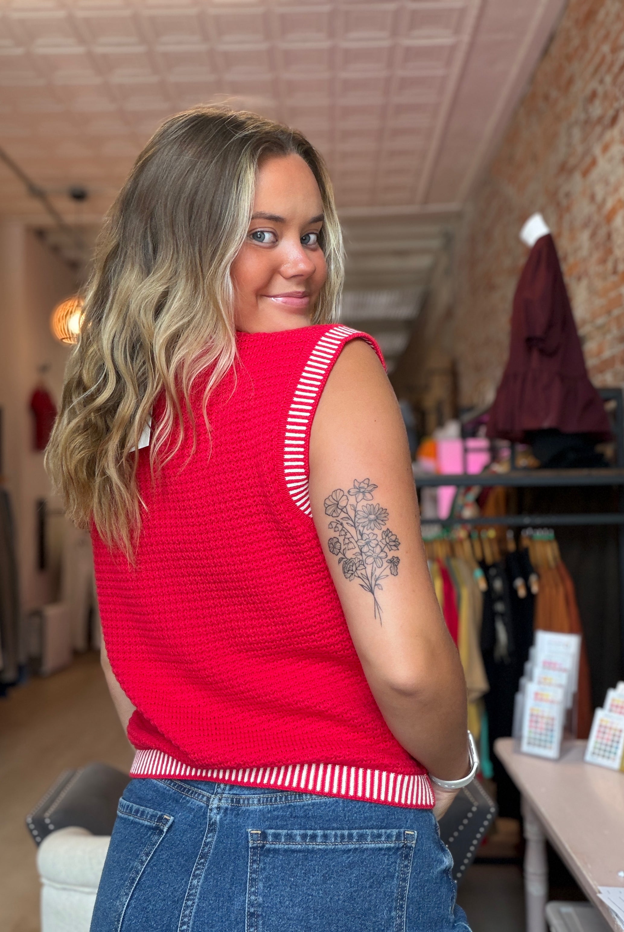 Miranda Red Button Down Swater Vest-Vests-Staccato-The Funky Zebra Ames, Women's Fashion Boutique in Ames, Iowa