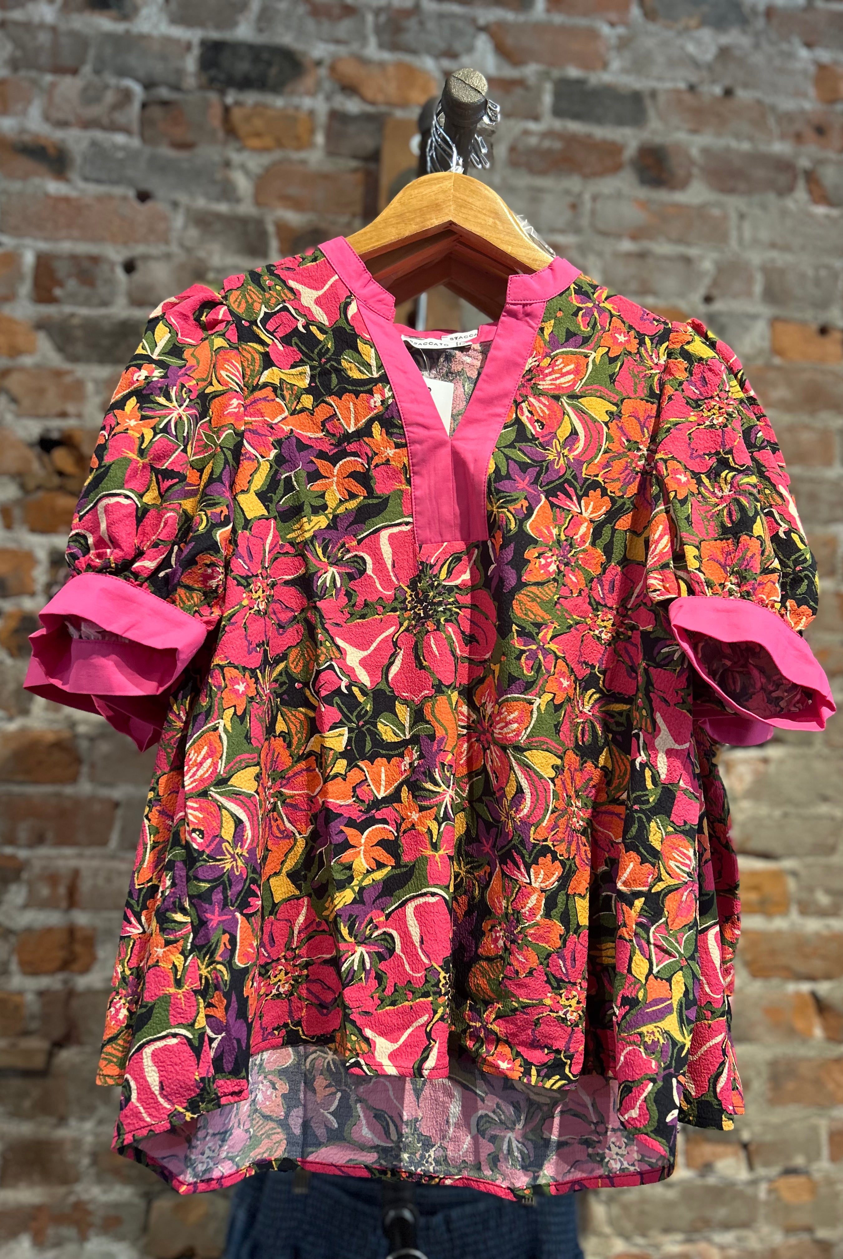Penni Mandarin Neck Floral Printed Top-Short Sleeves-Staccato-The Funky Zebra Ames, Women's Fashion Boutique in Ames, Iowa