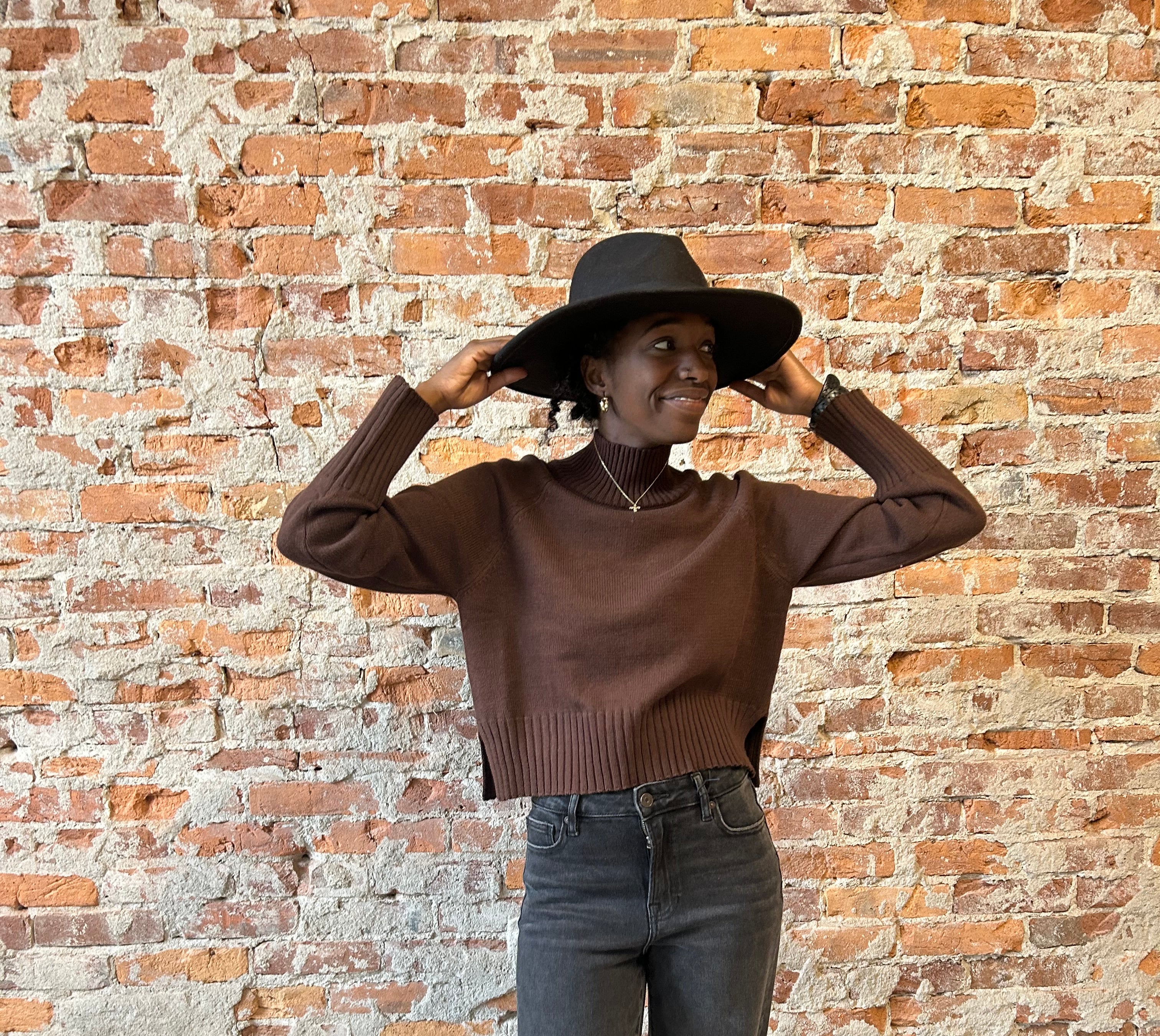 Brown Mock Neck Pullover-Sweaters-Blu Pepper-The Funky Zebra Ames, Women's Fashion Boutique in Ames, Iowa