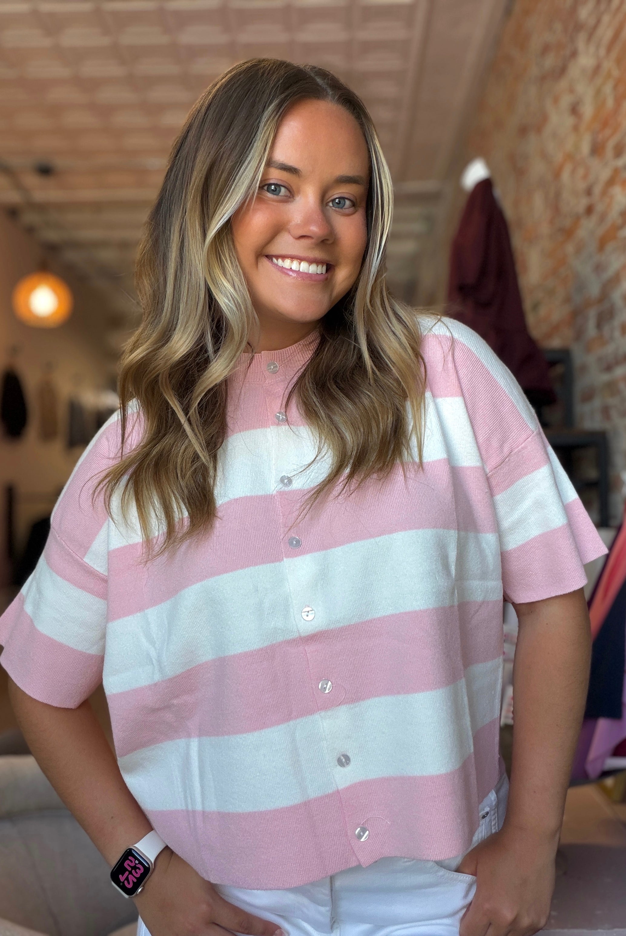 Bronwyn Pink & White Color Block Short Sleeve Sweater-Sweaters-Hayden-The Funky Zebra Ames, Women's Fashion Boutique in Ames, Iowa