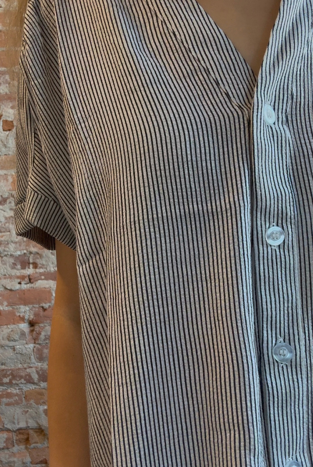 Gemma Pinstripe Button Down Top-Short Sleeves-Blu Pepper-The Funky Zebra Ames, Women's Fashion Boutique in Ames, Iowa