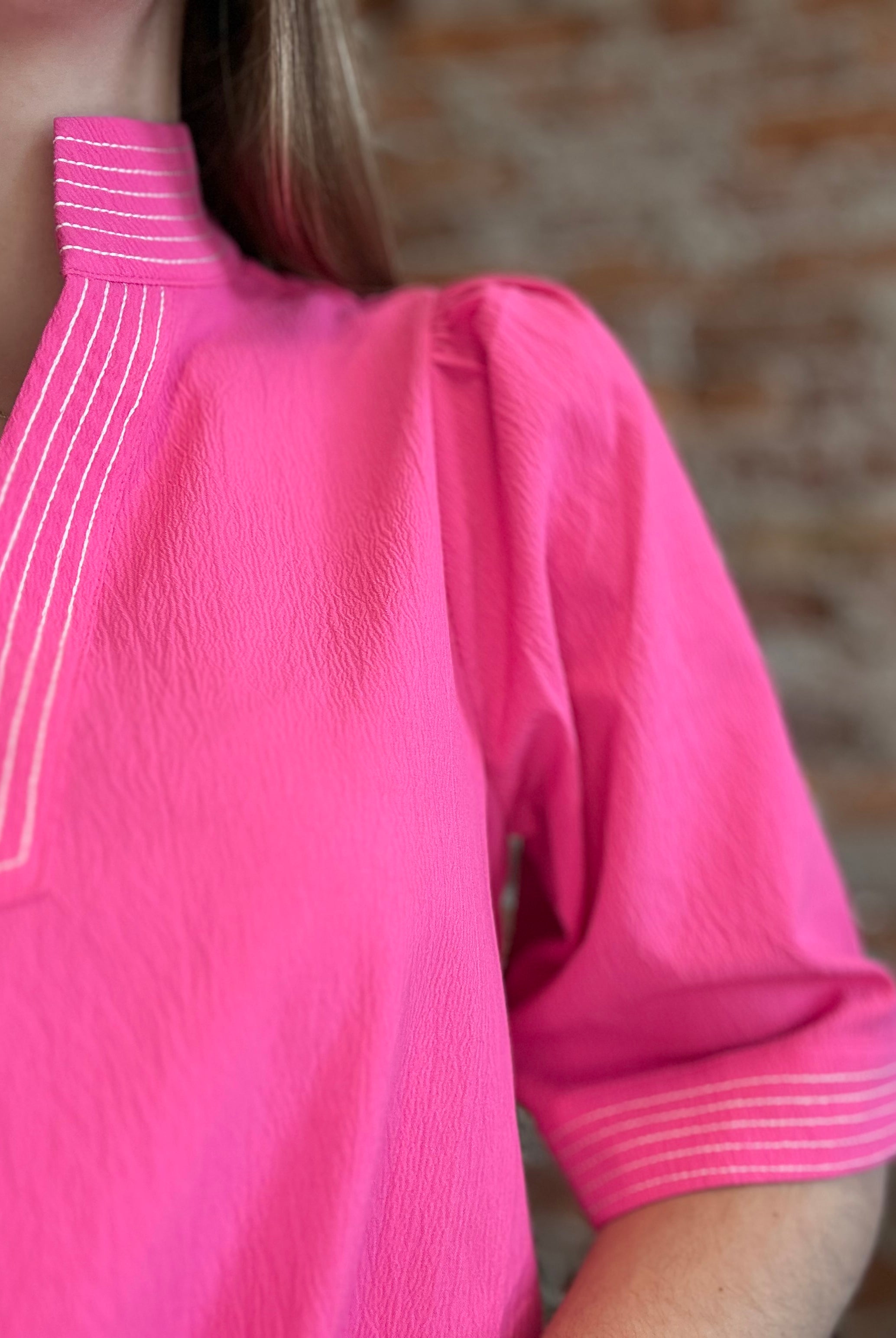 Tina Stitch Detail Pink Puff Sleeve Top-Jodifl-The Funky Zebra Ames, Women's Fashion Boutique in Ames, Iowa