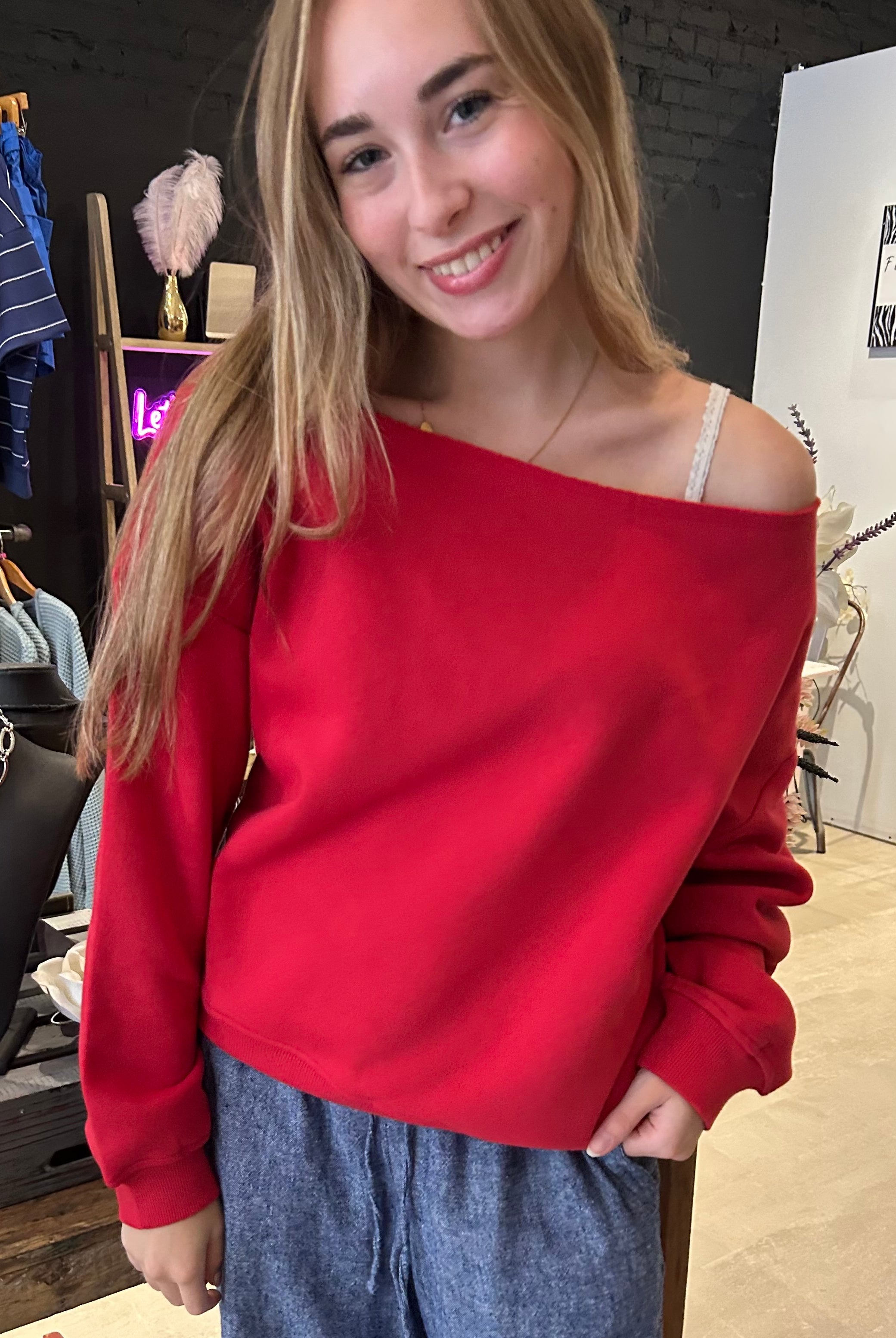 Kyla Off Shoulder Red Top-Long Sleeves-Rae Mode-The Funky Zebra Ames, Women's Fashion Boutique in Ames, Iowa