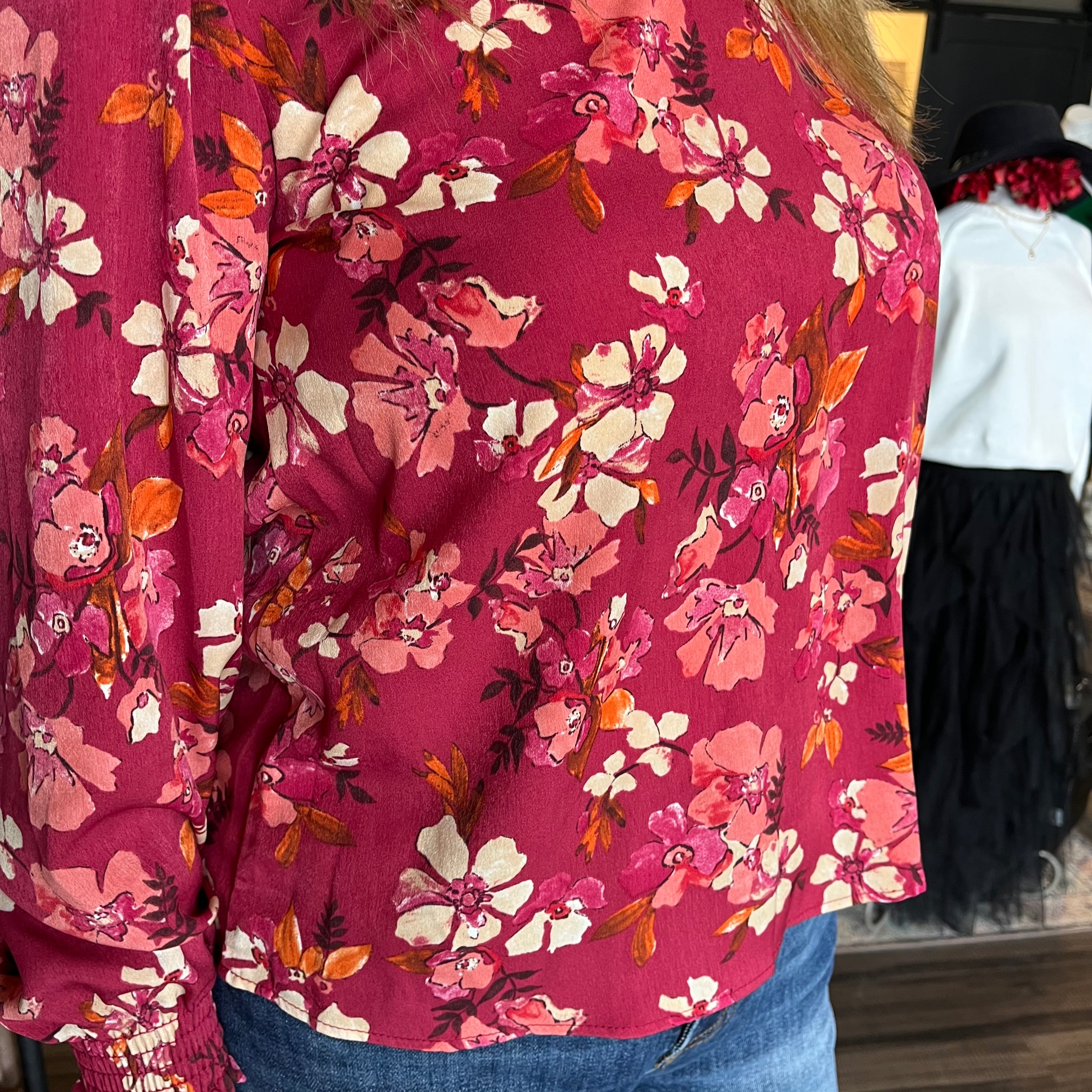 Ashley Floral Top - Burgundy-Long Sleeves-The Funky Zebra Ames-The Funky Zebra Ames, Women's Fashion Boutique in Ames, Iowa