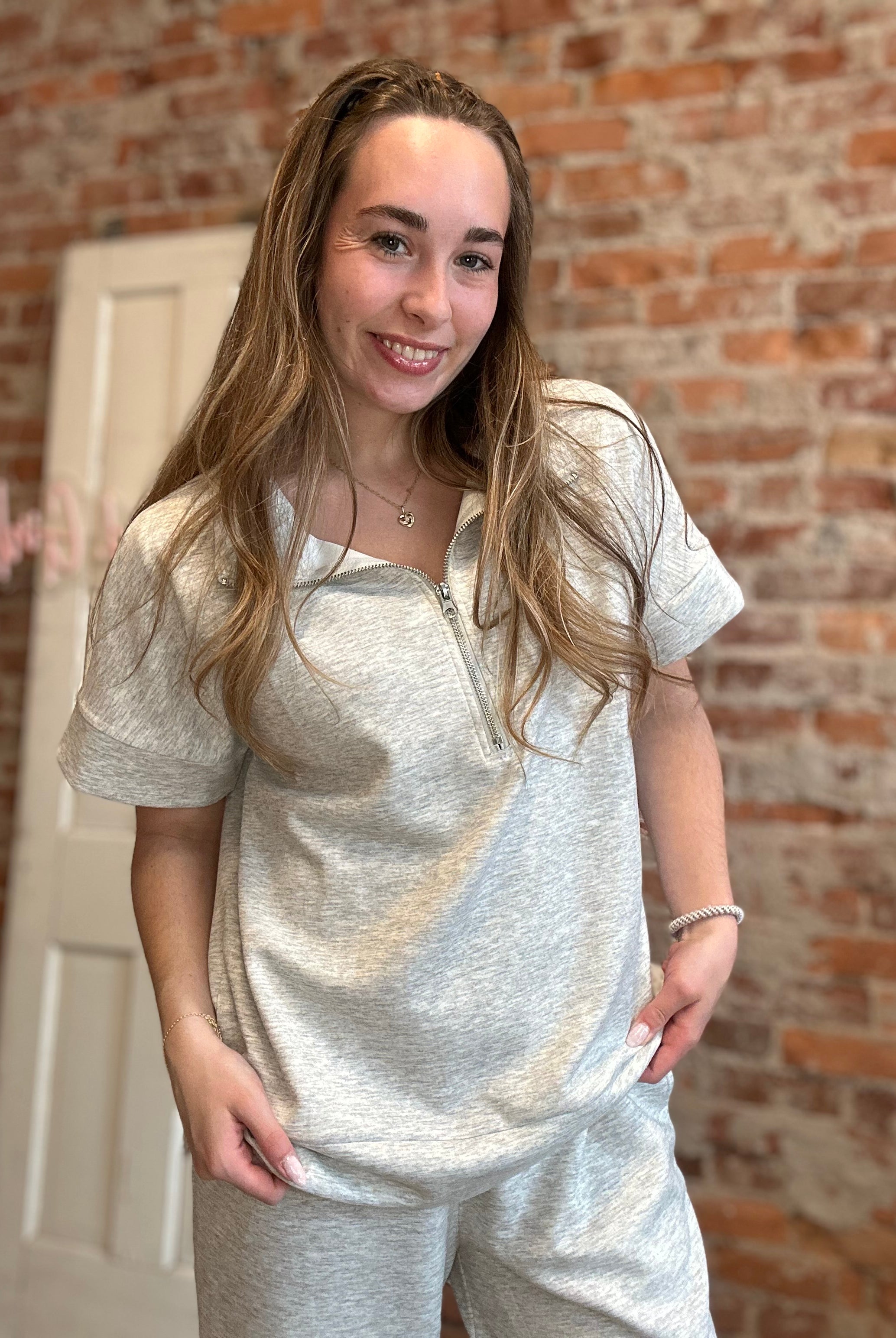 Dani Scuba Half Zip Gray Set-Zenana-The Funky Zebra Ames, Women's Fashion Boutique in Ames, Iowa