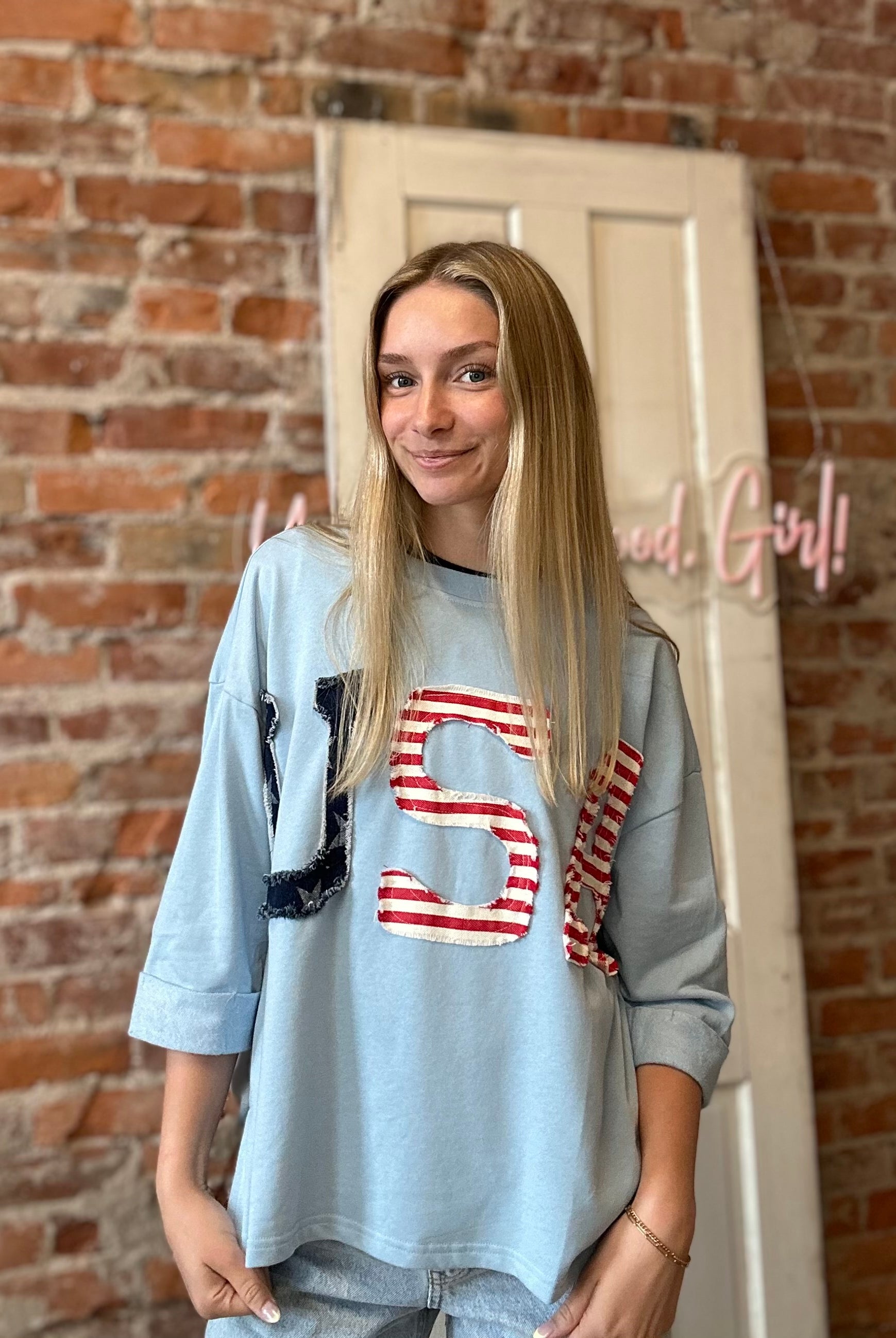 USA Patched Blue Top-Jodifl-The Funky Zebra Ames, Women's Fashion Boutique in Ames, Iowa